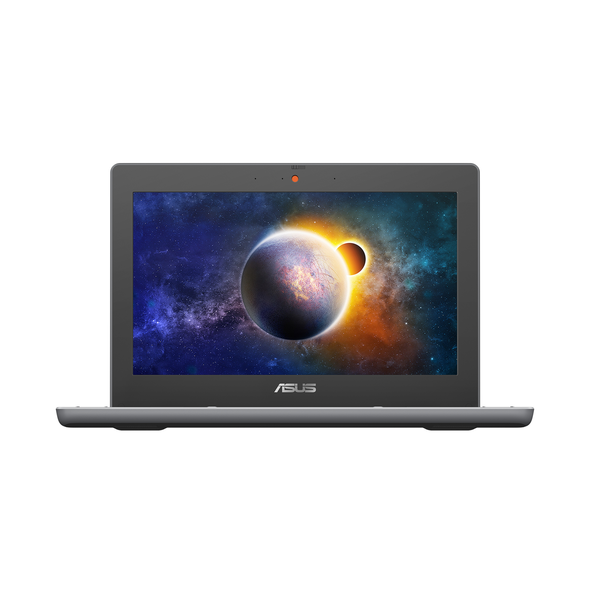 Portátil con una escena espacial en la pantalla. Logotipo de ASUS en la parte inferior. Color gris oscuro.