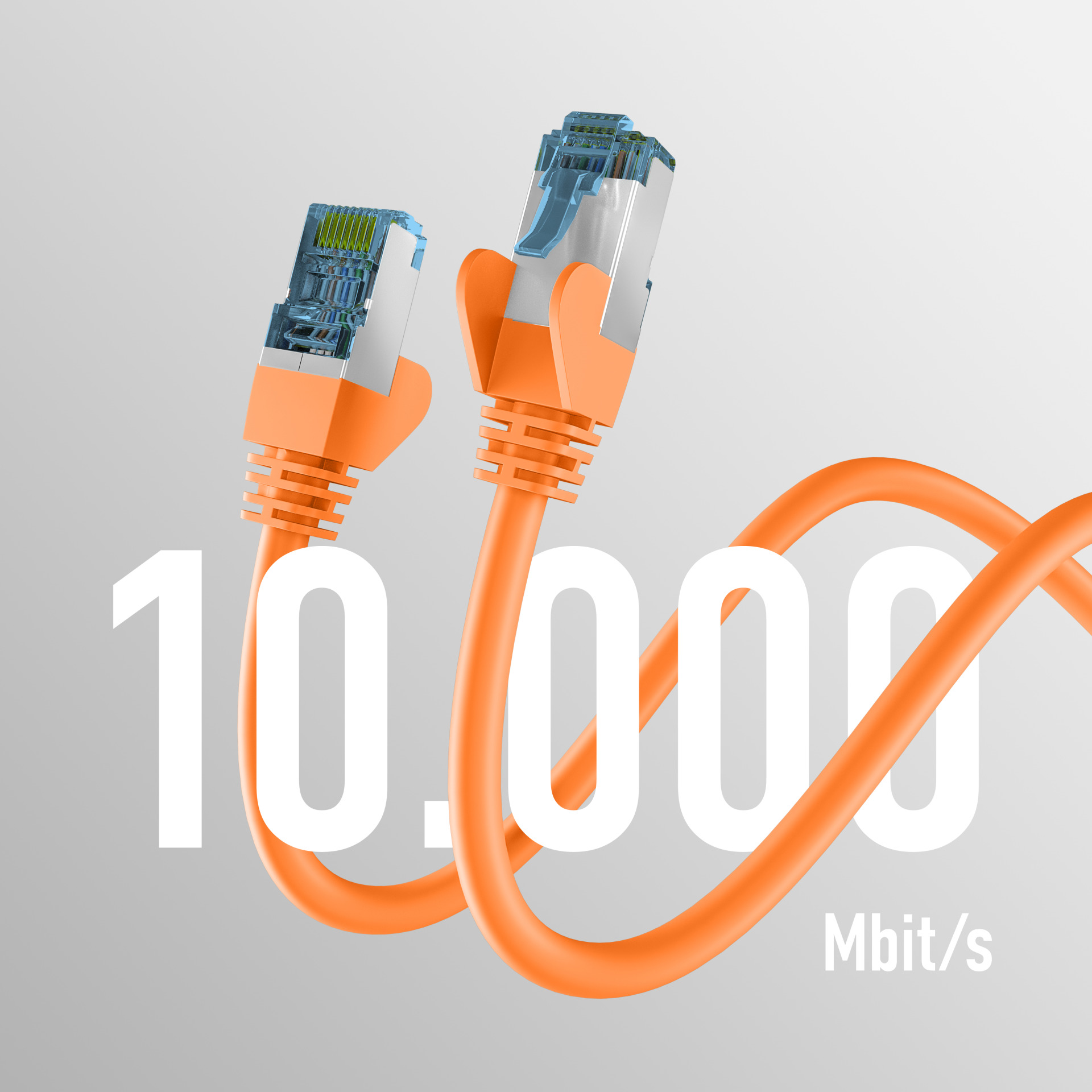 Zwei orangefarbene Netzwerkkabel mit dem Text '10.000' Mbit/s.