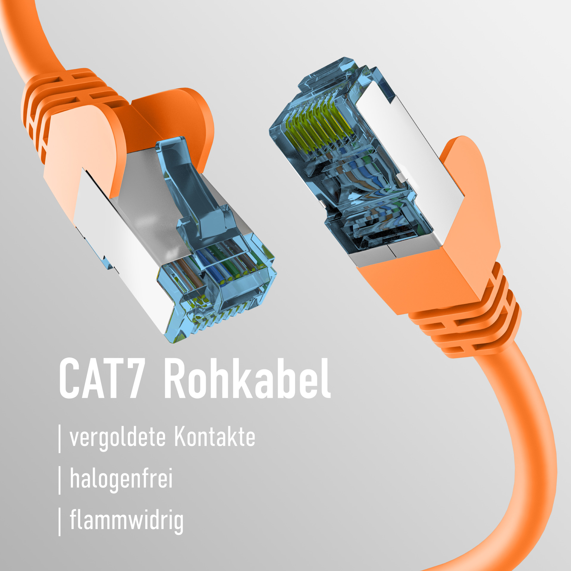 Oranges Ethernet-Kabel mit silbernen Enden. CAT7 Rohkabel Text.