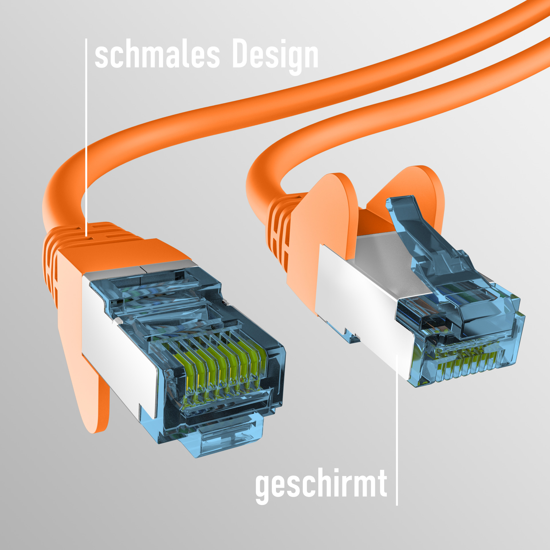 Oranges Netzwerkkabel mit Steckern, halbiert, um die inneren Drähte zu zeigen, auf grauem Hintergrund.