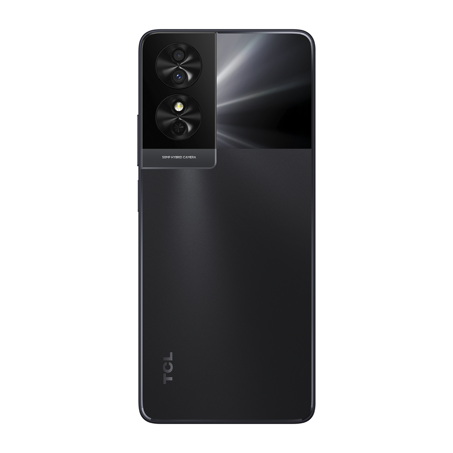 Telefono TCL nero, vista posteriore, che mostra il modulo fotocamera e il logo TCL. Sfumatura nero e grigio.