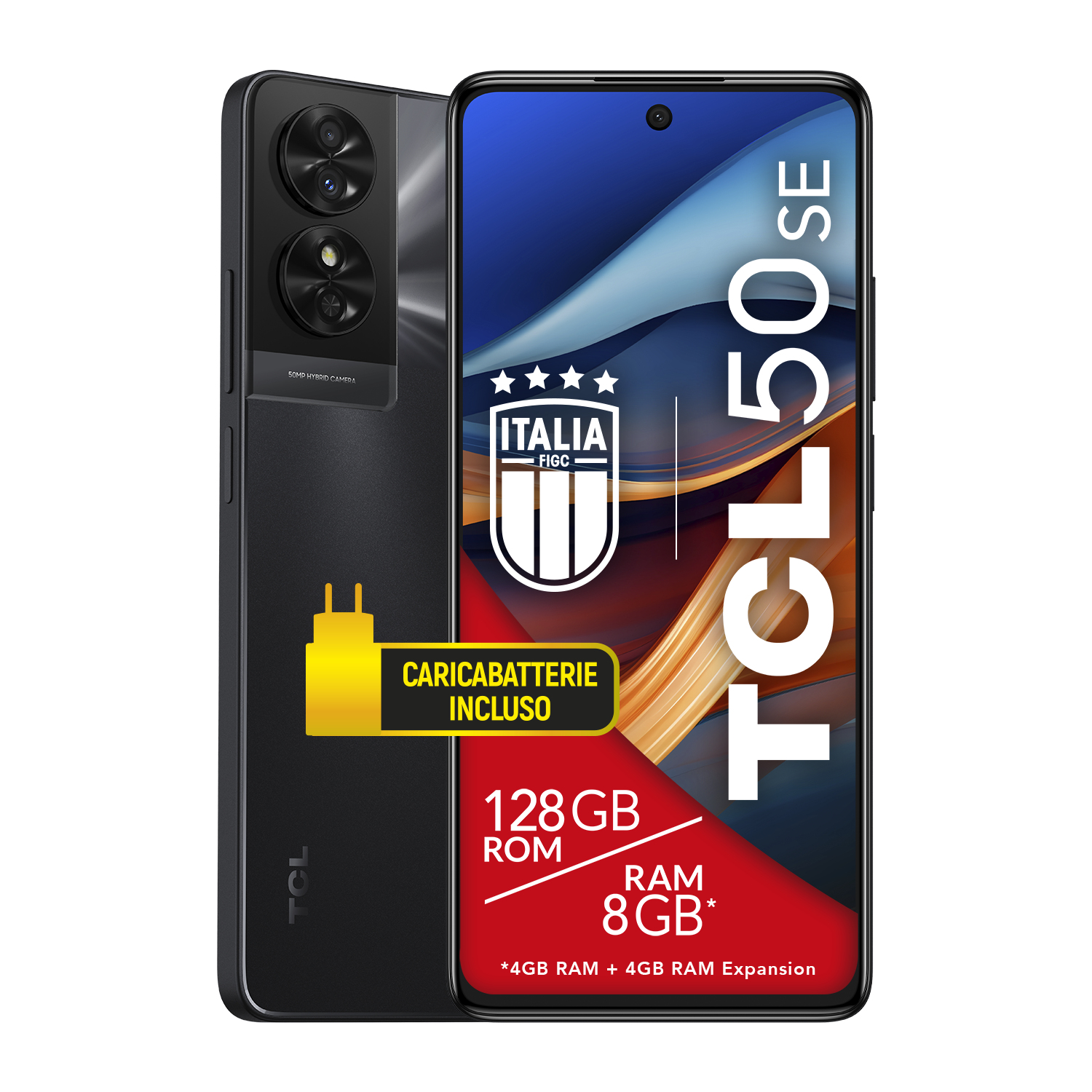 Telefono TCL 50 SE nero con caricabatterie. Presenta un ampio schermo e doppie fotocamere posteriori.