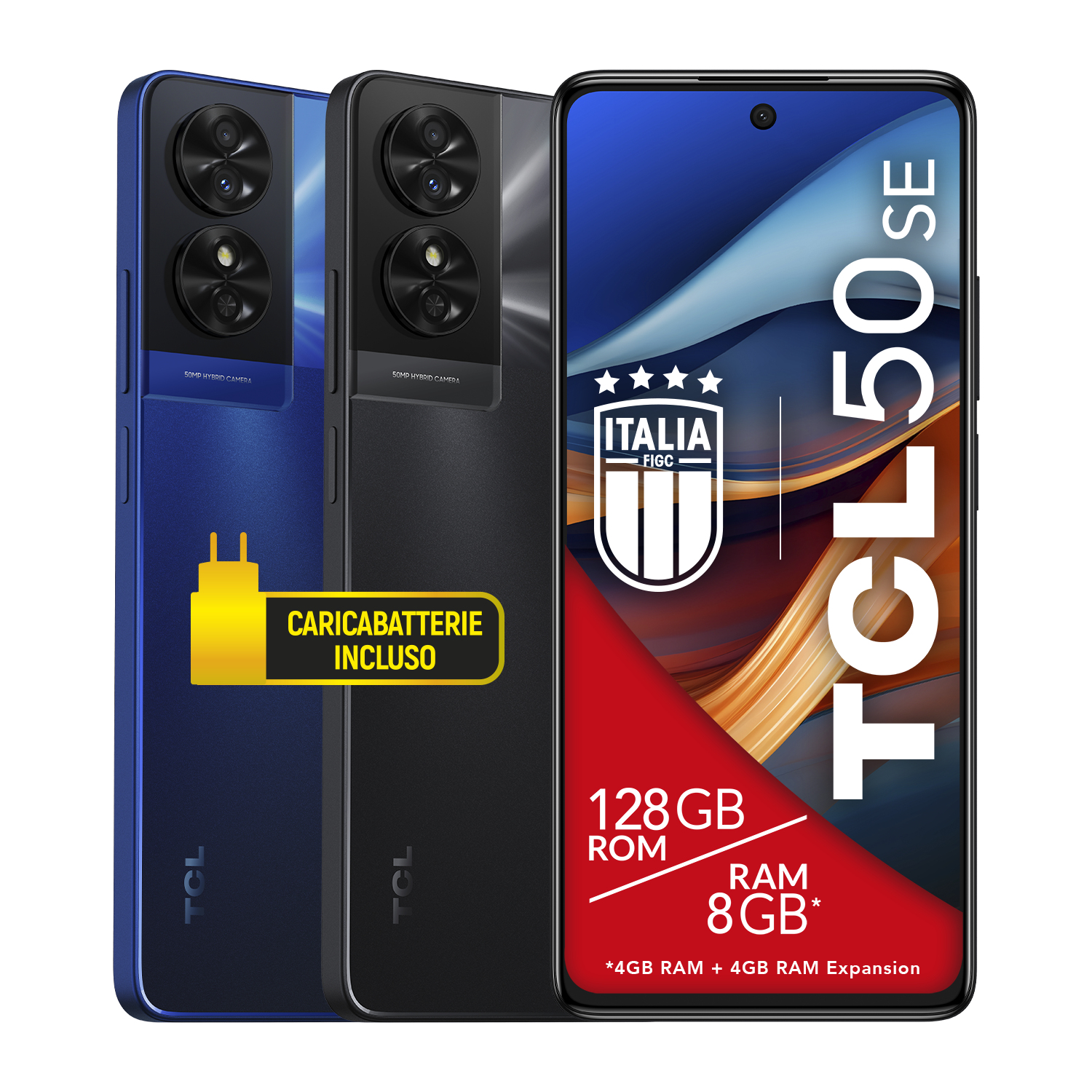 Tre telefoni. Telefoni blu e neri. Visualizzazione dell'interfaccia. Testo 'CARICABATTERIE INCLUSO' visibile.