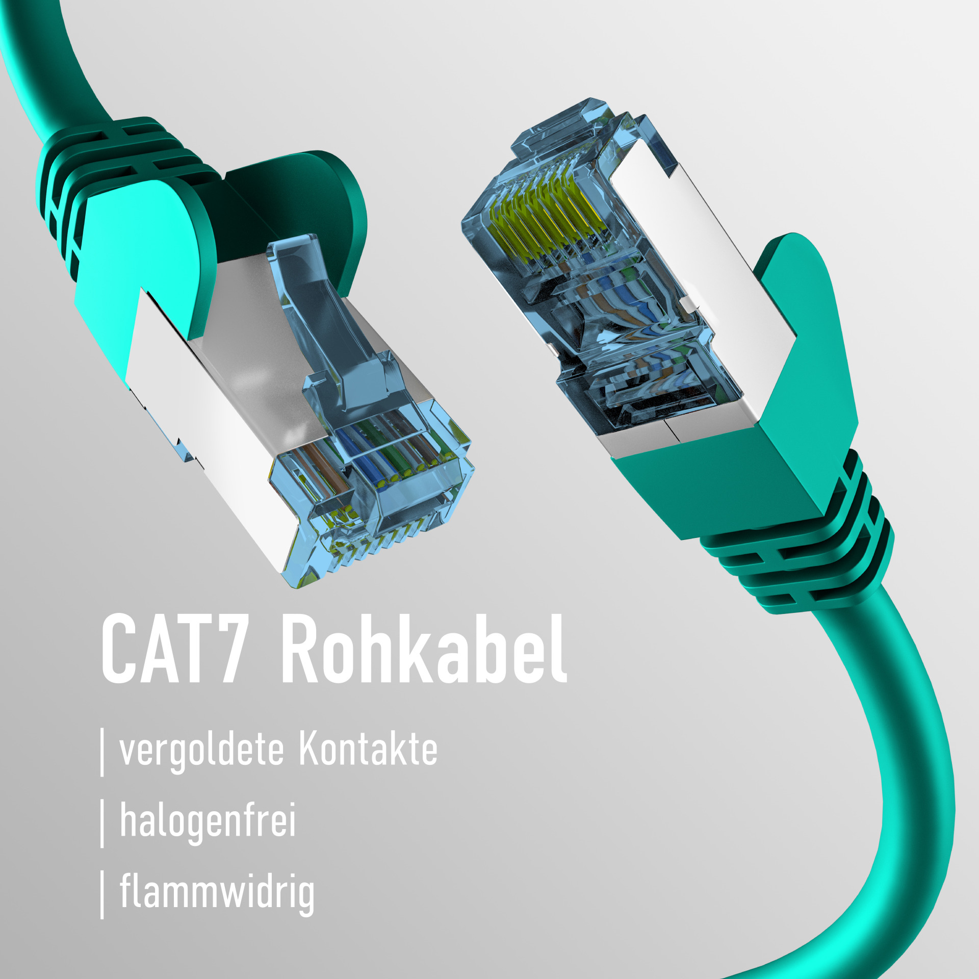 Grünes Netzwerkkabel mit Steckern, Nahaufnahme.