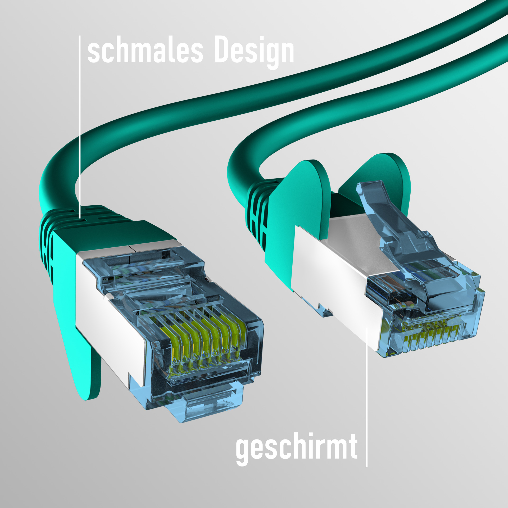 Nahaufnahme eines grünen Netzwerkkabels mit Anschlüssen und Innenverdrahtung.