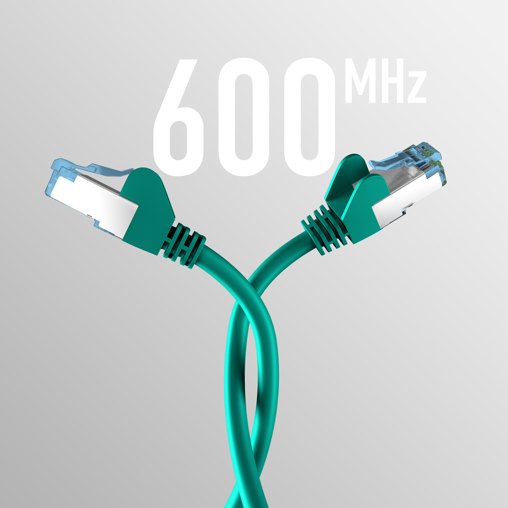 Zwei türkisfarbene Netzwerkkabel gekreuzt, mit 600 MHz Text.
