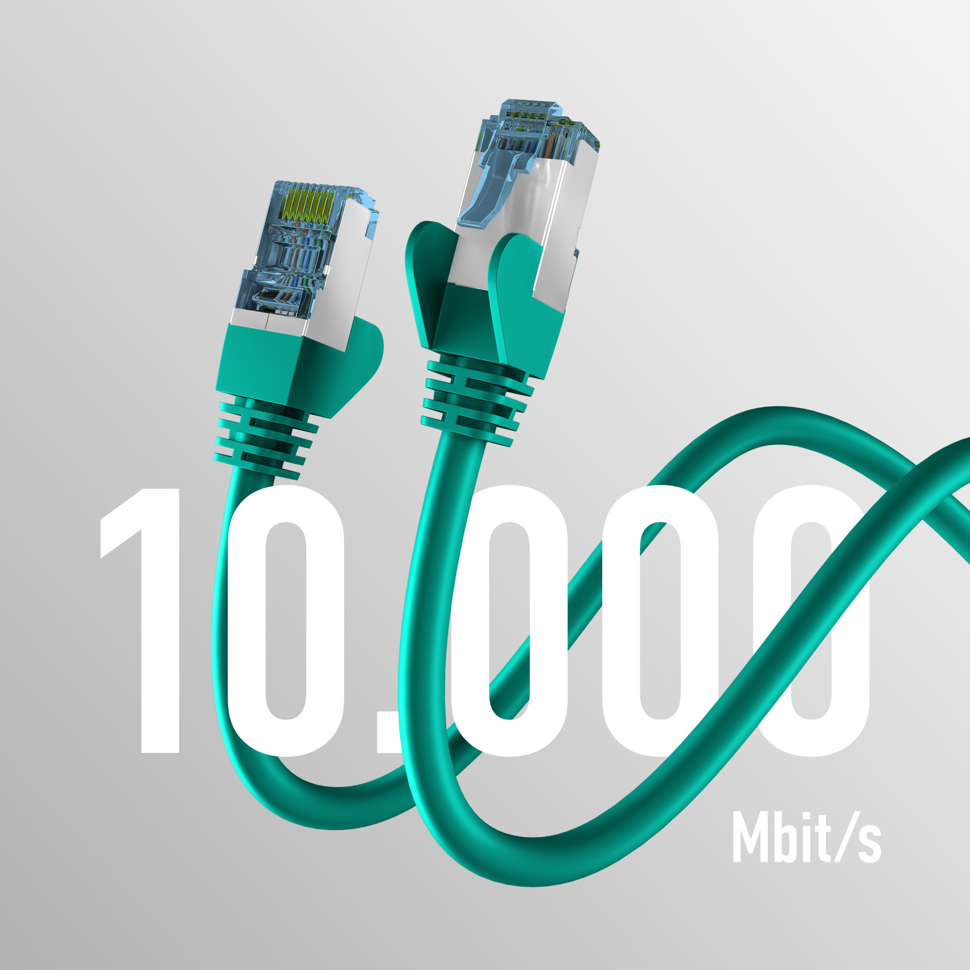 Zwei grüne Ethernet-Kabel. Die Zahl 10.000 und Mbit/s werden angezeigt. Grauer Hintergrund.