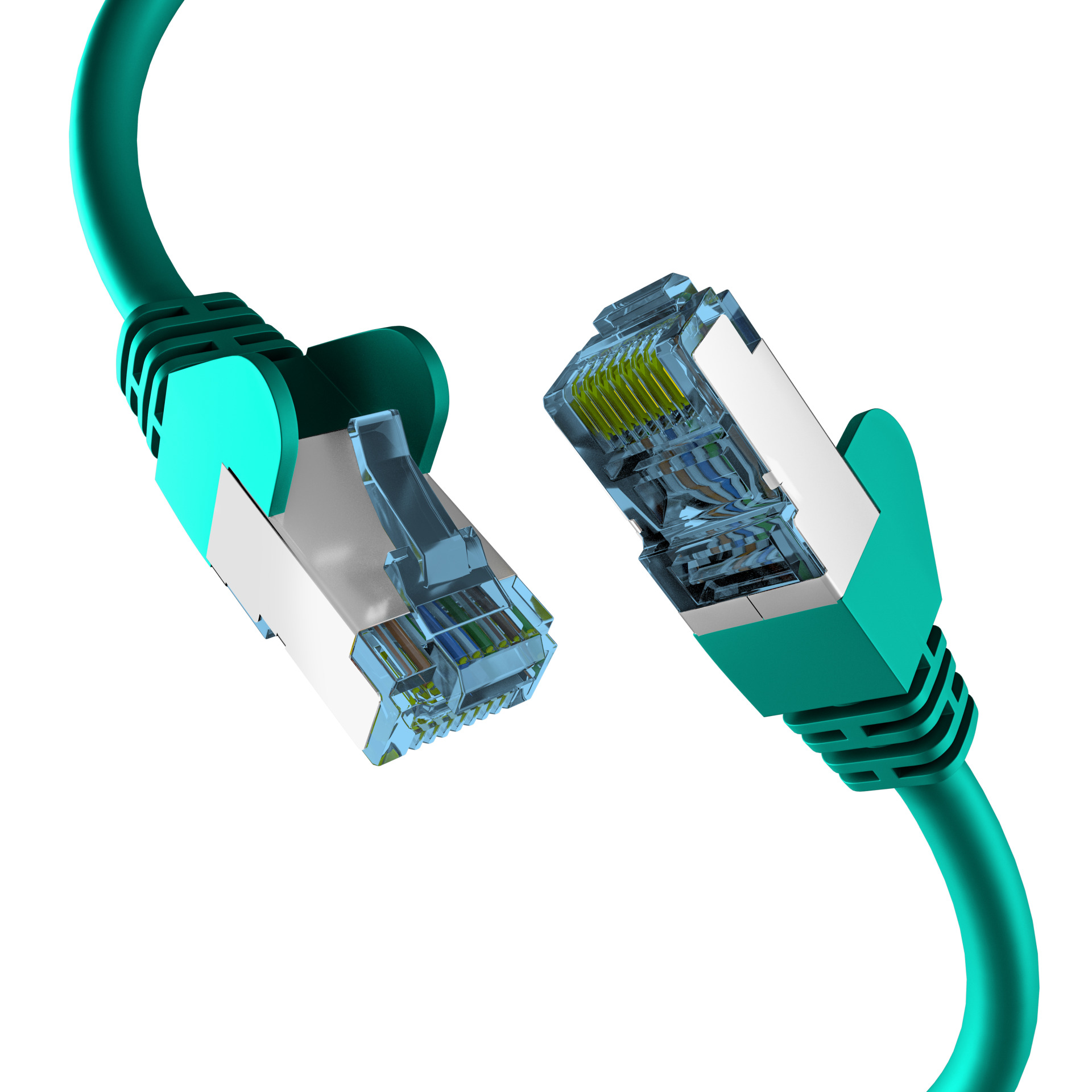 Zwei grüne Ethernet-Kabel mit blauen Steckern auf weißem Hintergrund.