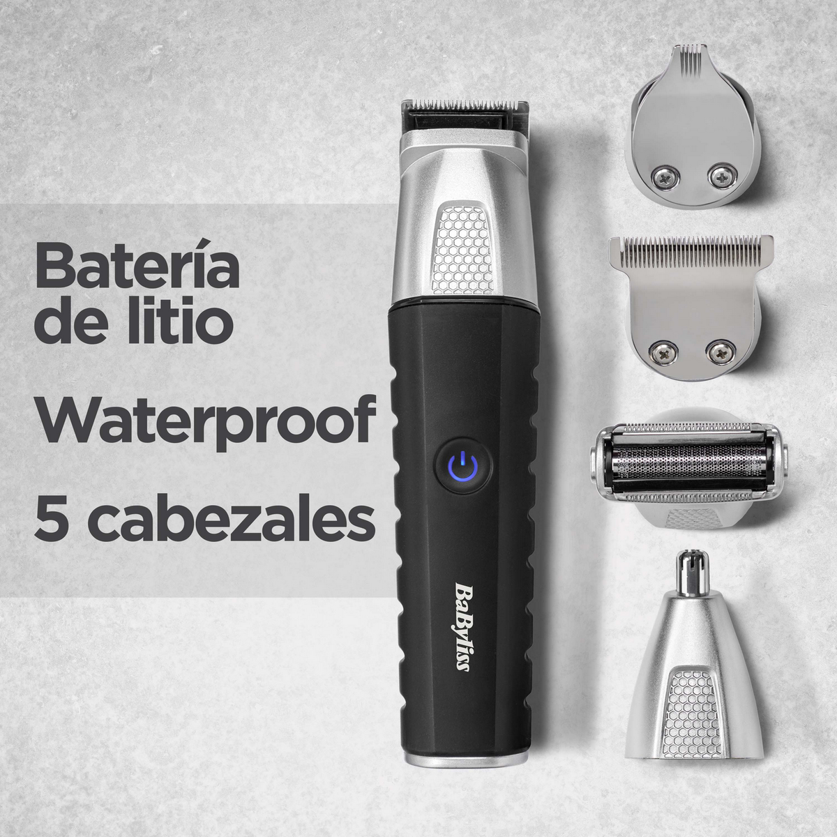 Schwarzer und silberner Babyliss-Trimmer mit 5 Köpfen. Text: Akku, wasserdicht, 5 Köpfe.