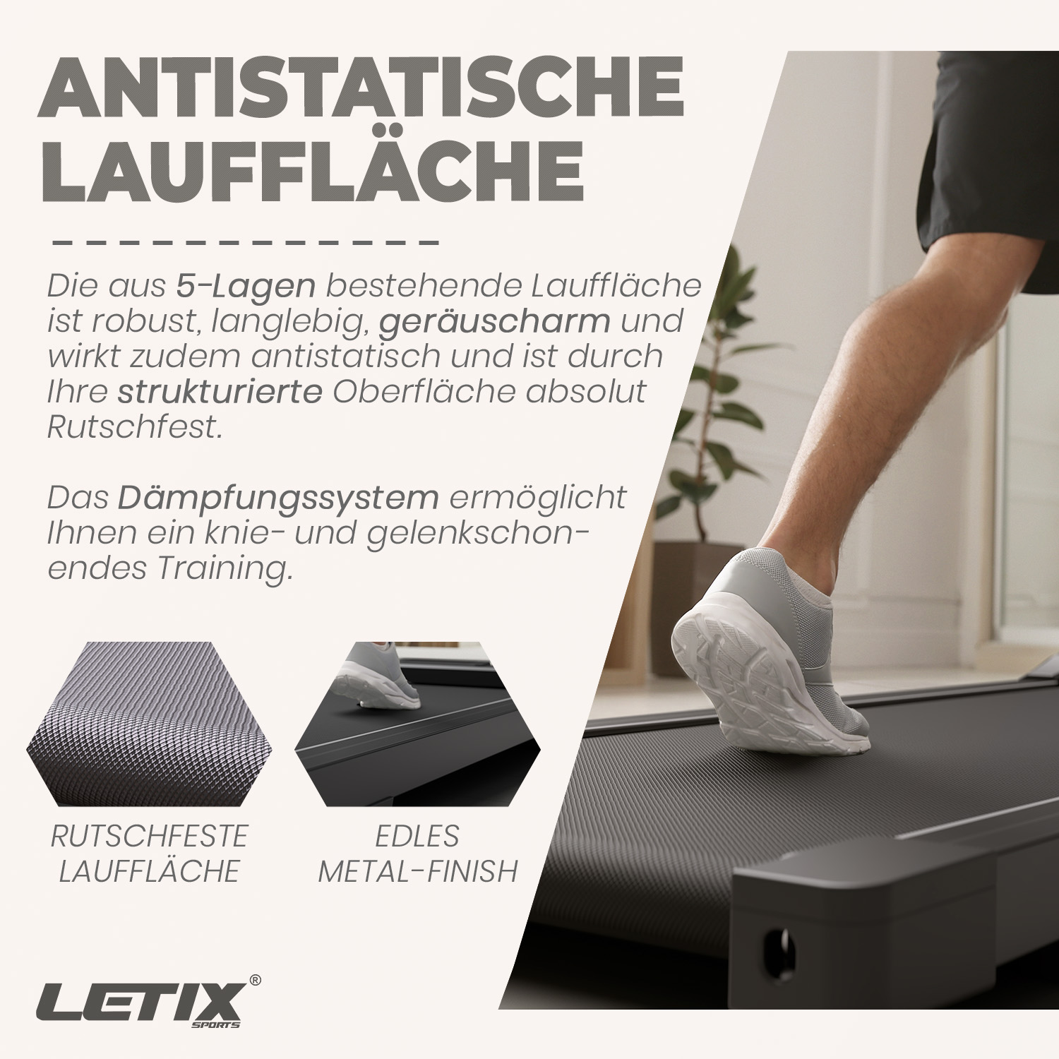Eine Person rennt auf einem Laufband. Text zeigt, dass die Oberfläche antistatisch und rutschfest ist.