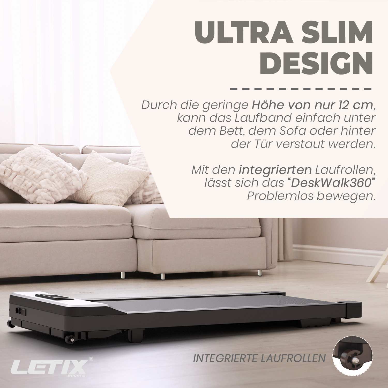 Laufband unter einem Sofa. Text beschreibt das Produkt. Weißer Hintergrund und ein Sofa.