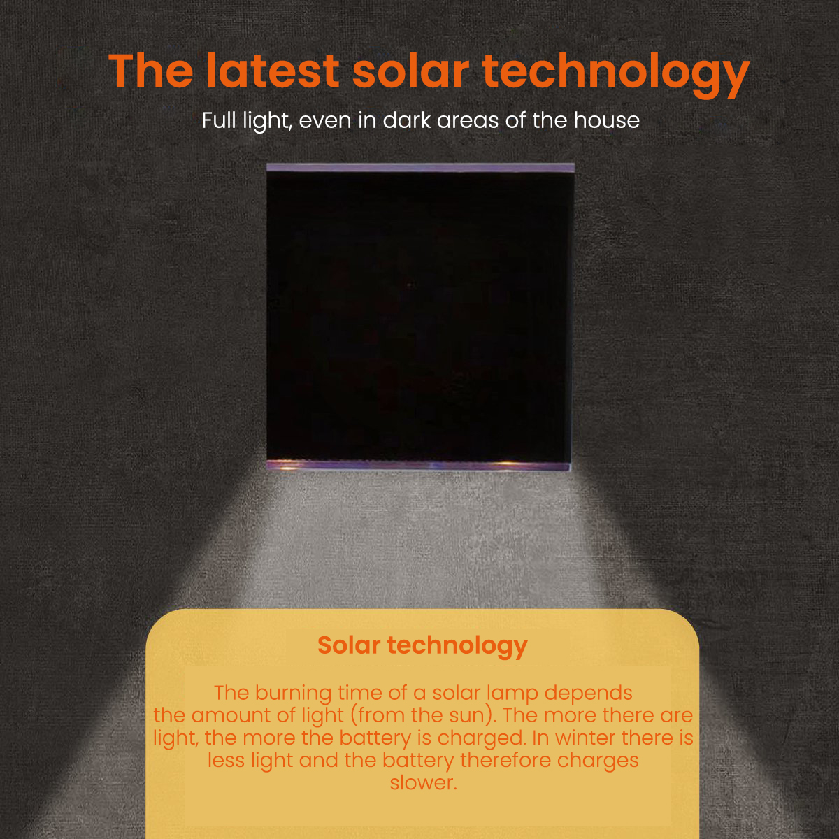 Solarpanel an einer grauen Wand. Text beschreibt Solartechnik und ihre Funktionsweise.