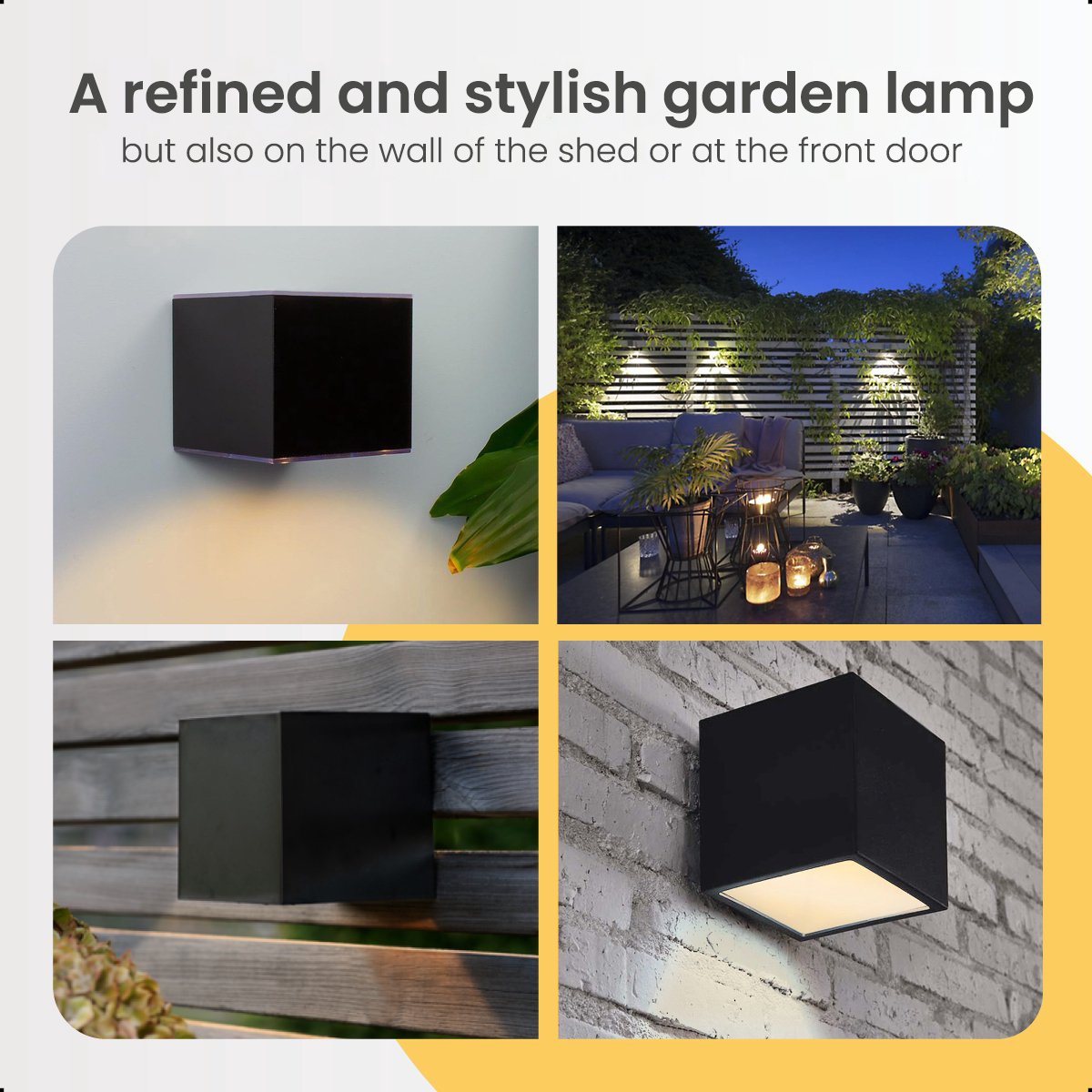 Vier Bilder einer schwarzen Würfel-Gartenlampe, montiert an Wänden, Zäunen und neben Laub.