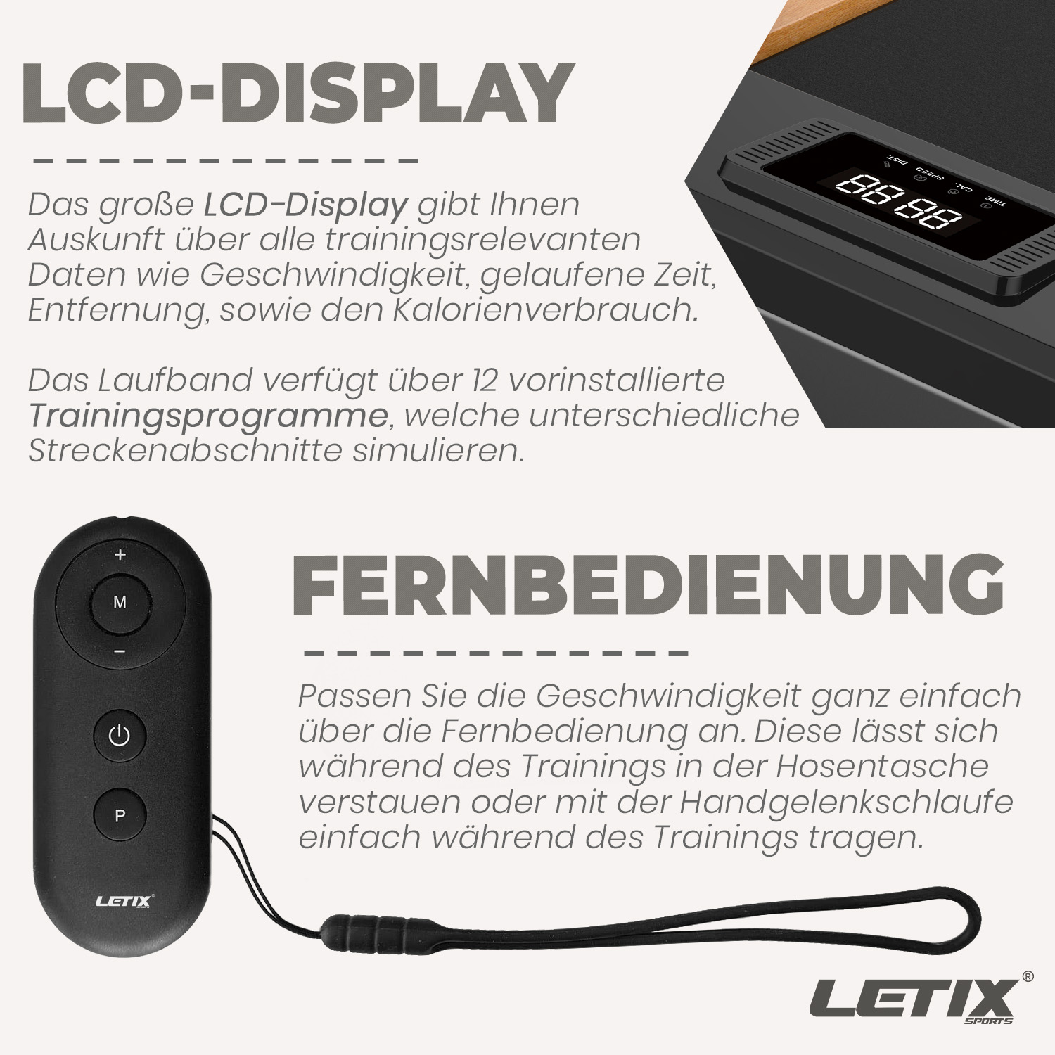 Details zu einem LCD-Display und einer Fernbedienung. Text oben, Fernbedienung unten.