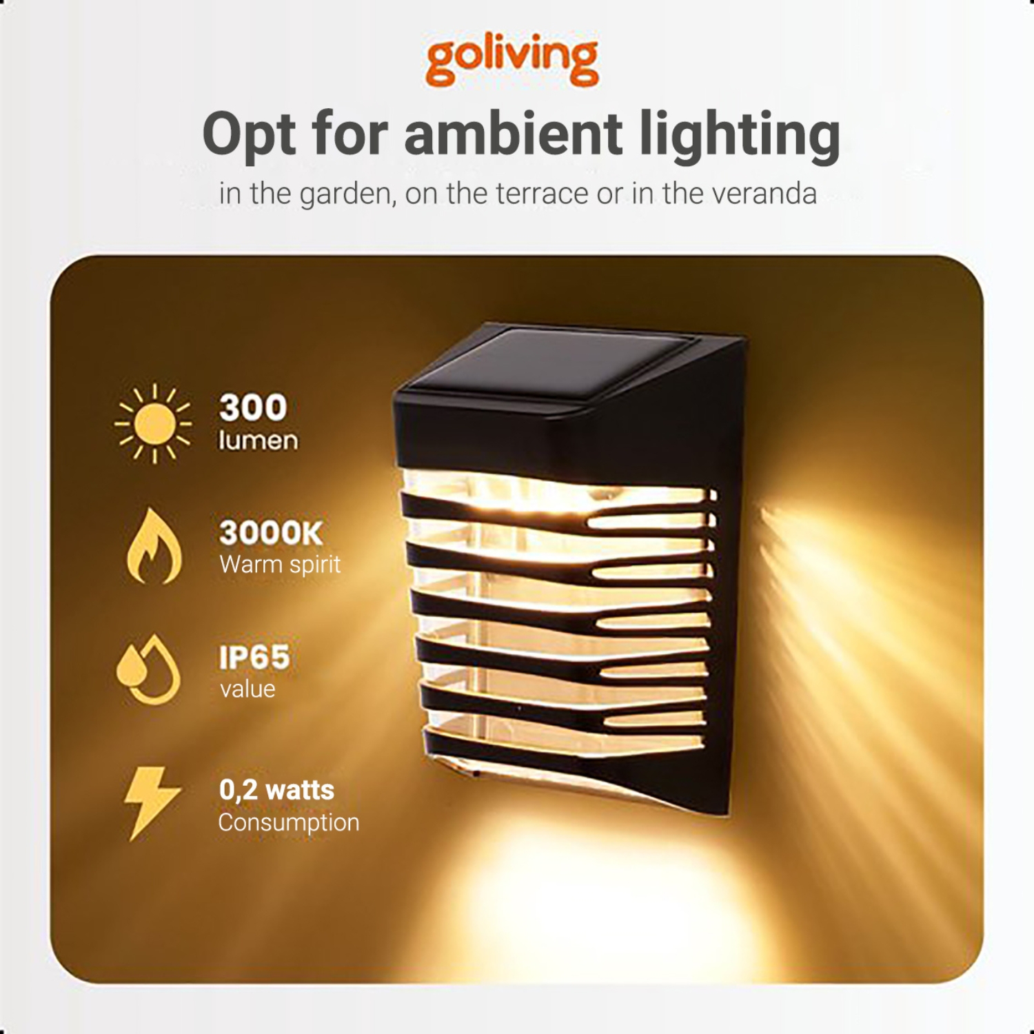 Eine schwarze, solarbetriebene Außenleuchte. Text: 300 Lumen, 3000K warmer Geist, IP65-Wert, 0,2 Watt Verbrauch.