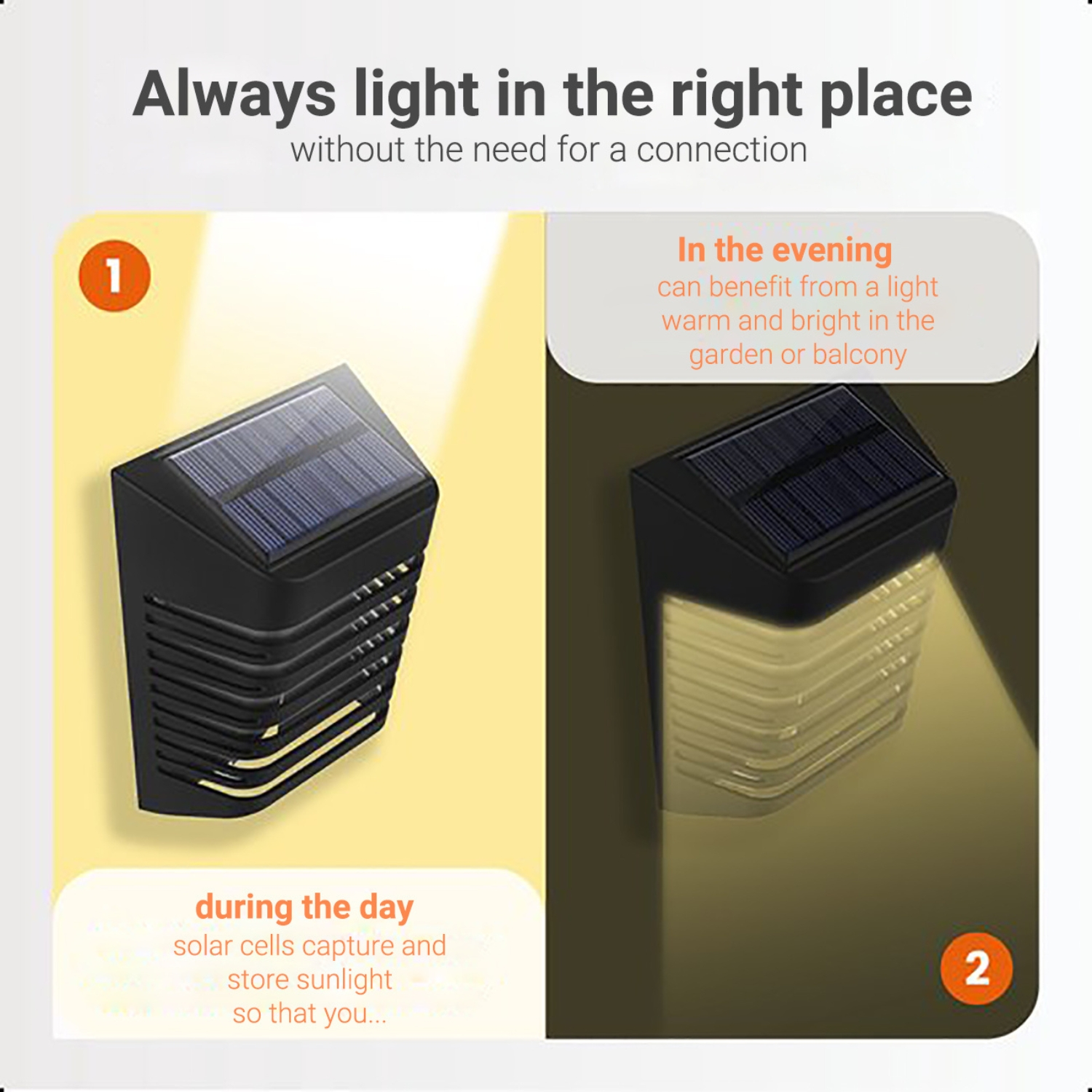 Solarbetriebene Wandleuchten, Tag- und Abendansichten, mit Licht- und Schatteneffekten.