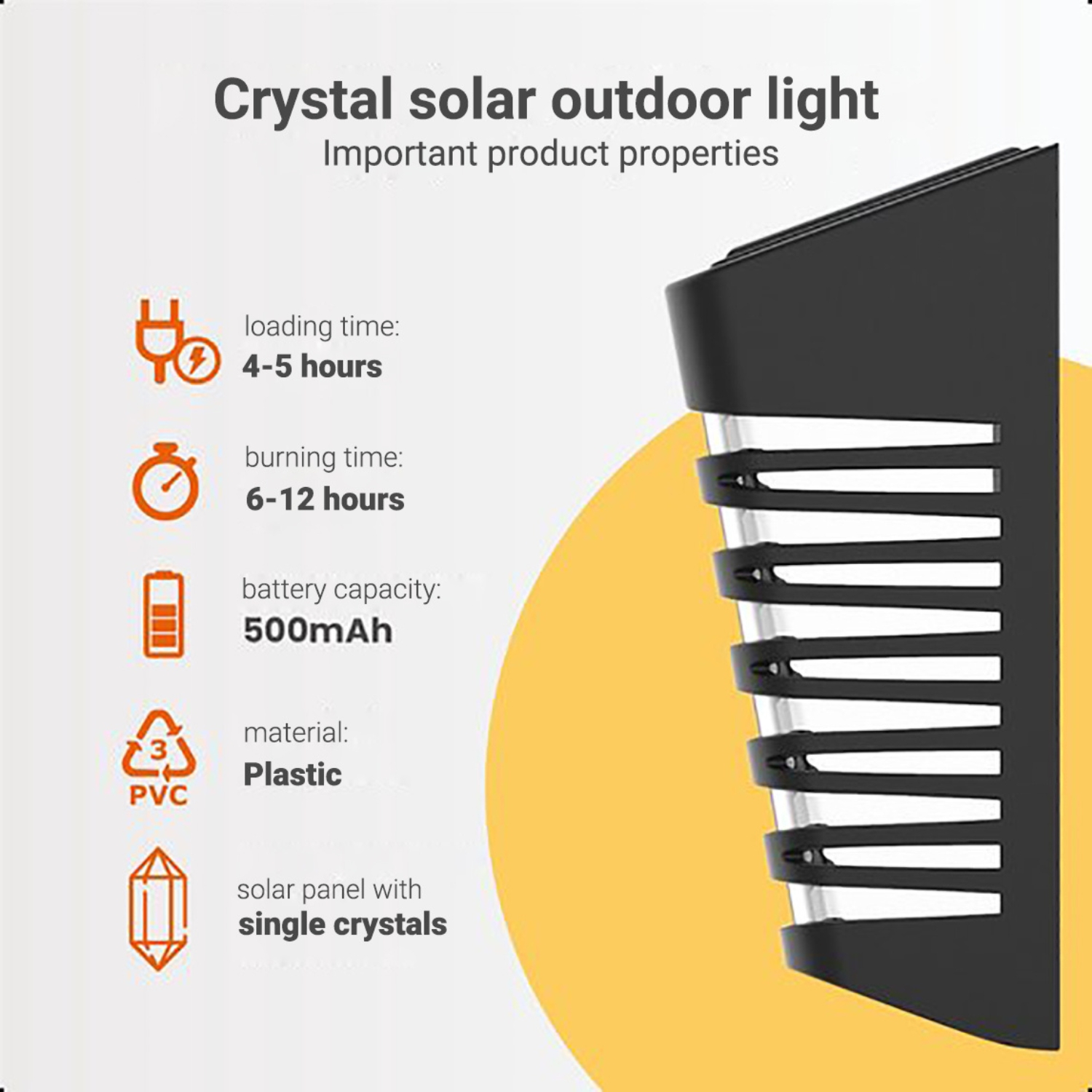 Schwarze Solar-Außenleuchte. Details zu Ladezeit, Brenndauer, Batteriekapazität und Material sind enthalten.