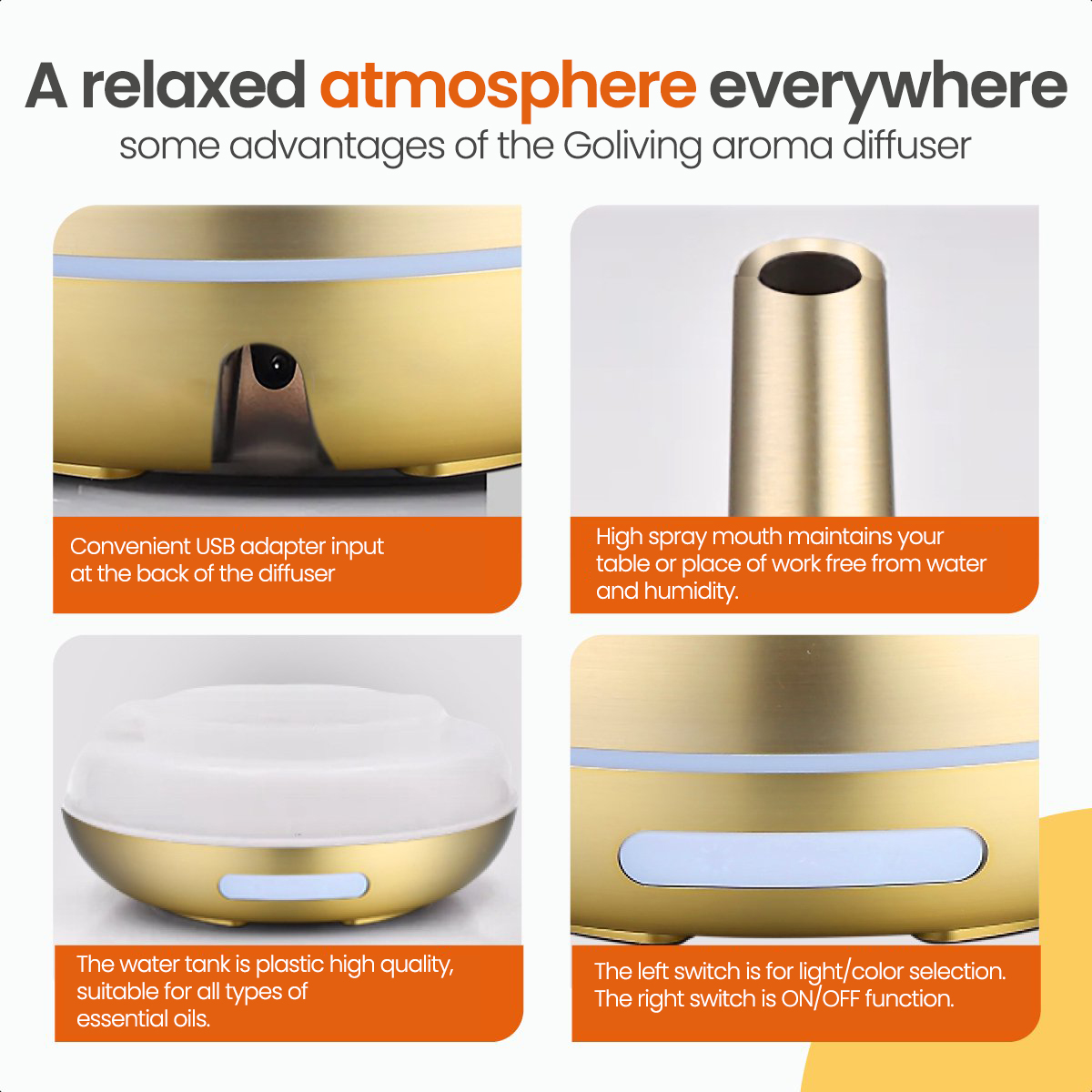 Nahaufnahme eines goldenen Aromadiffusors mit Etiketten, die Funktionen und Vorteile erklären.