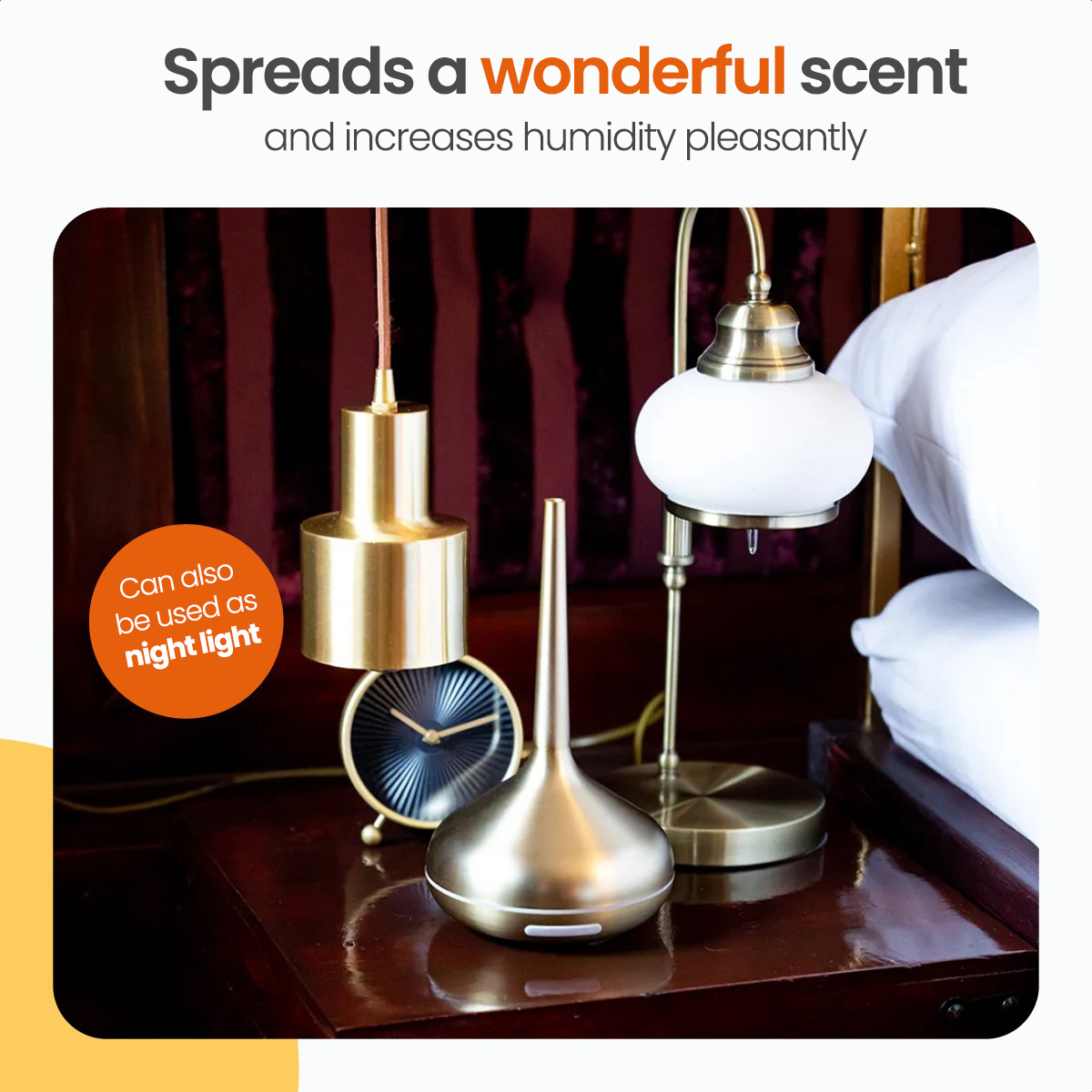 Ein Aromatherapie-Diffusor mit Text. Er steht auf einem Tisch, mit einer Lampe und einer Uhr.