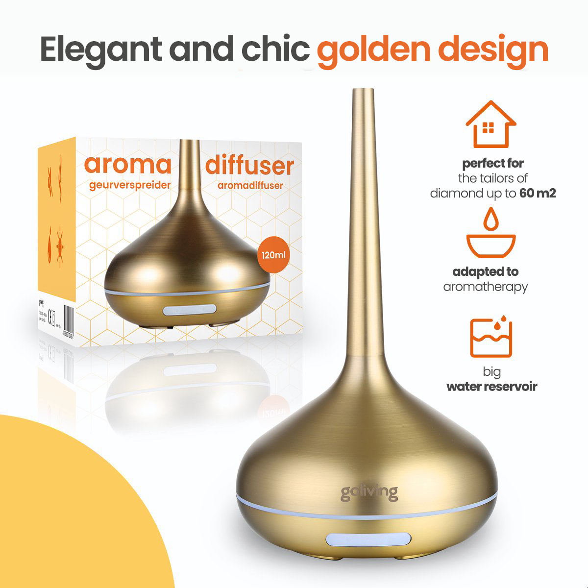 Goldener Aromadiffusor mit Box und Icons, darunter '60 m2' und 'großer Wassertank'.