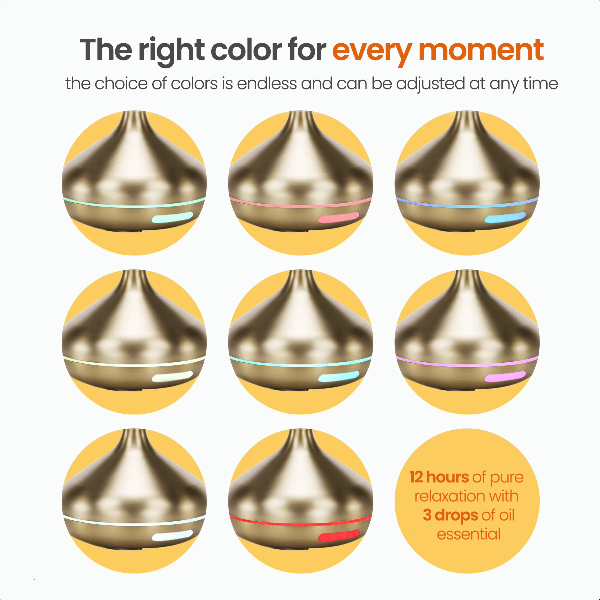 Goldener Aroma-Diffusor mit verschiedenen farbigen Lichtern. Weißer Hintergrund.