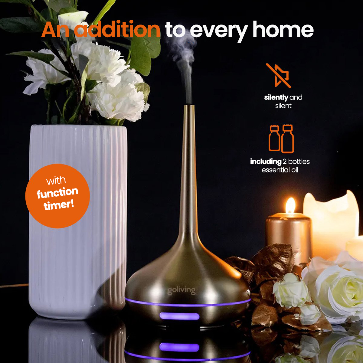 Ein gold-schwarzer Diffusor mit Blumenvase, Kerzen und Text über ätherisches Öl.