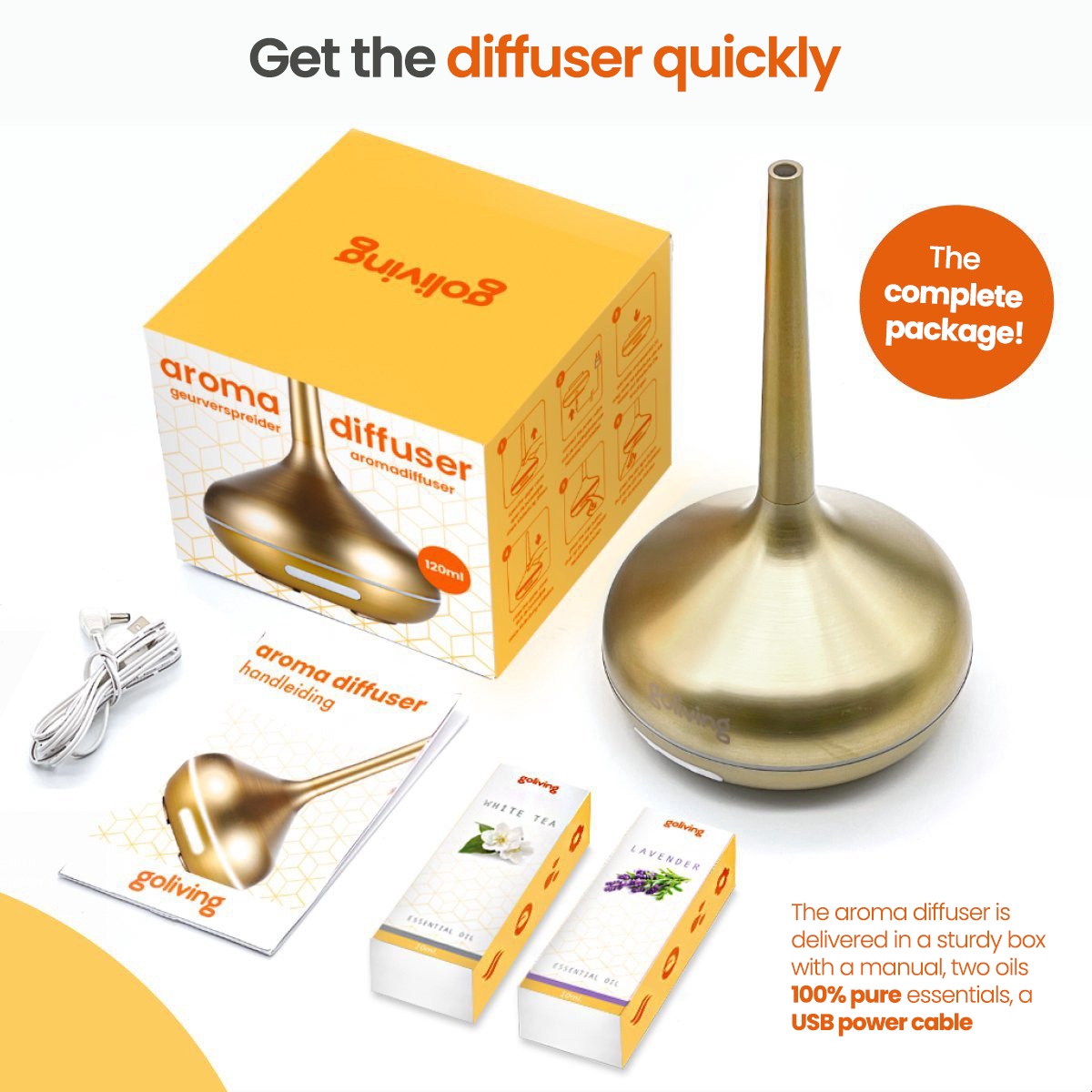 Aroma-Diffusor-Set. Goldener Diffusor, Öle und Zubehör. Weißer Hintergrund.