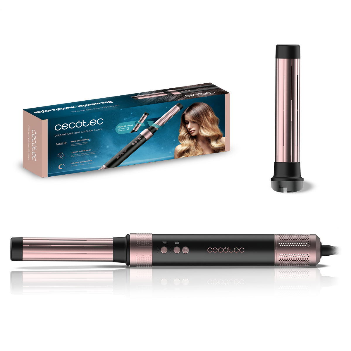 Un kit per lo styling dei capelli con un design oro rosa e nero, tra cui una scatola e due dispositivi per lo styling.