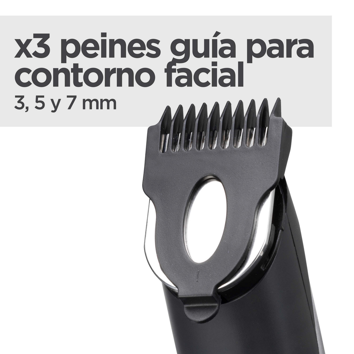 Primer plano de una recortadora negra con peines guía etiquetados para contorno facial.