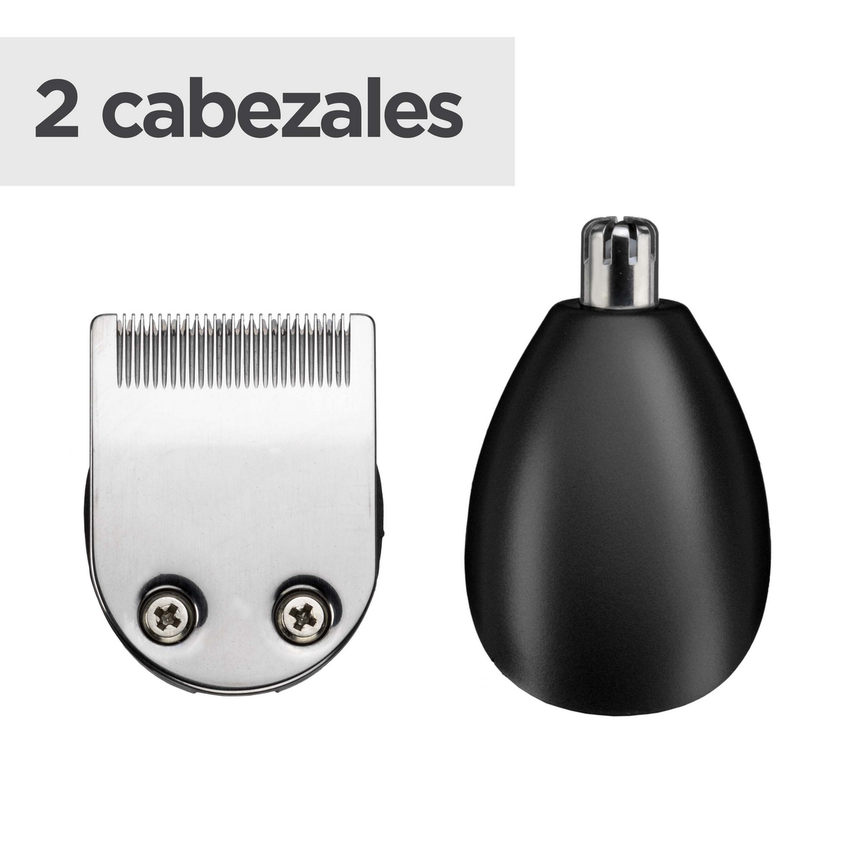 Dos cabezales de recortadora negros y plateados. Uno para recortar, otro para depilación nasal.