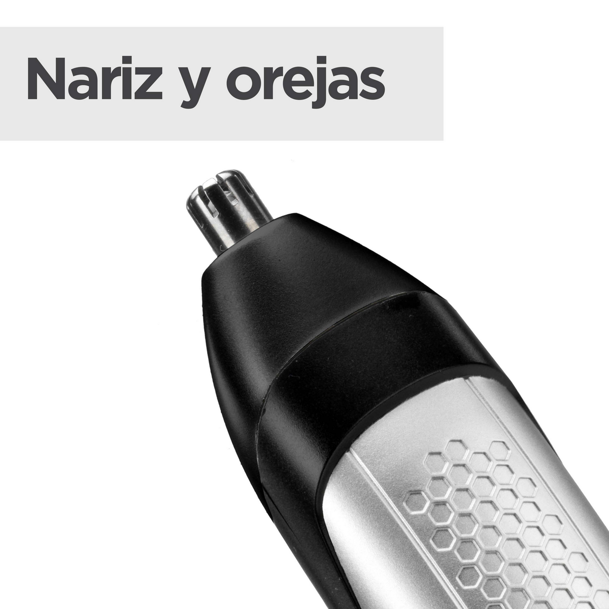 Recortador de vello de nariz y orejas, vista de cerca. El texto está en español. Fondo blanco.