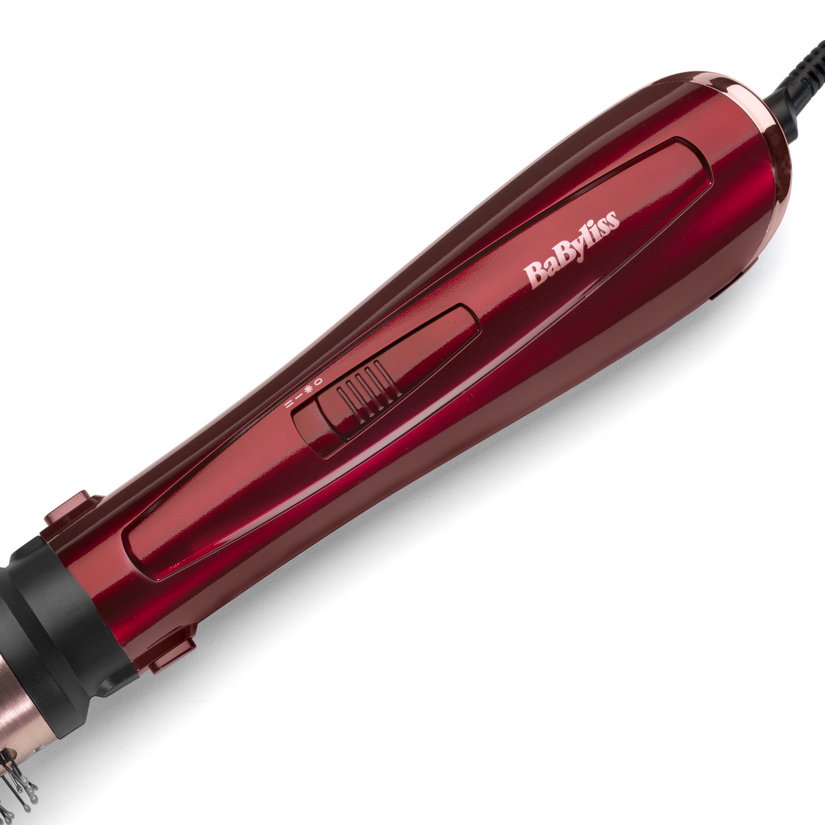 Moldeador de cabello Babyliss rojo. El dispositivo tiene un mango y controles.