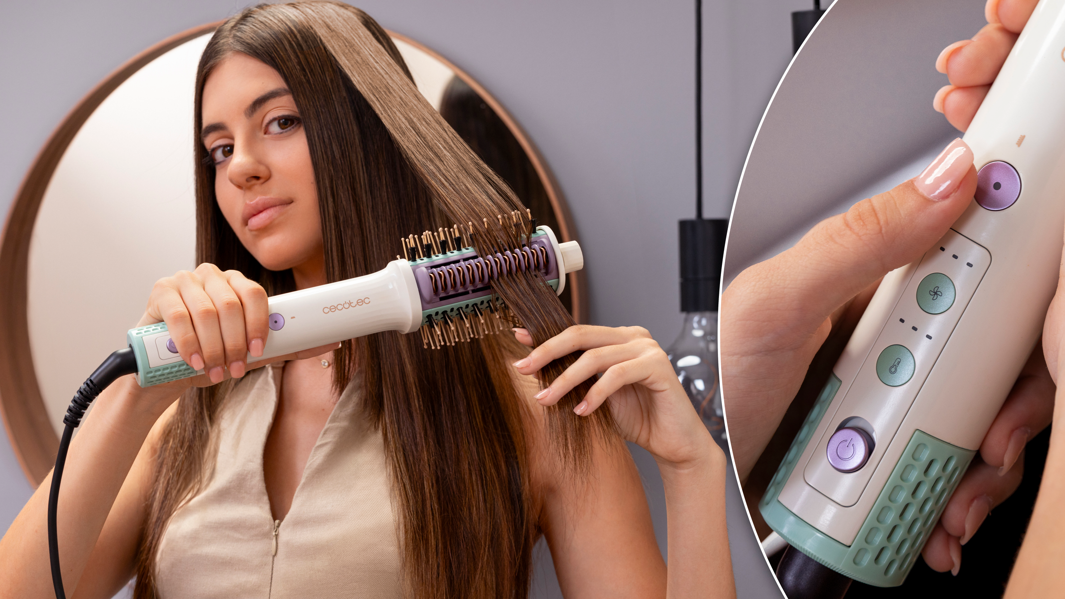 Donna che si acconcia i capelli con una spazzola. Primo piano della spazzola e del pannello di controllo.