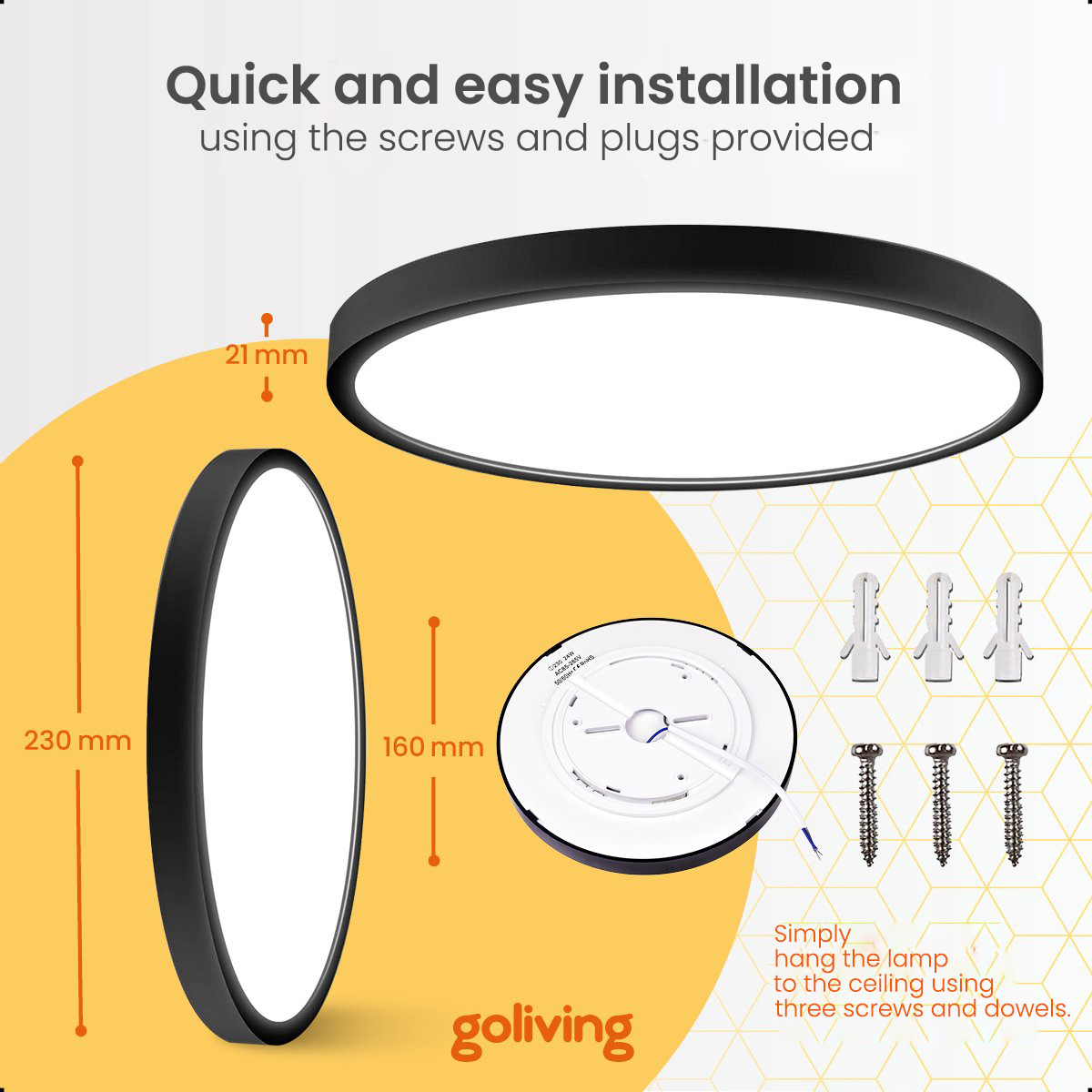 Eine runde schwarze Lampe mit Abmessungen und Schrauben zur Installation sowie ein Text über einfache Installation.