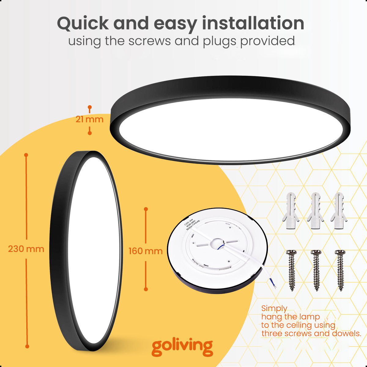 Round black ceiling lamp with dimensions, screws, and dowels, with text about easy installation.