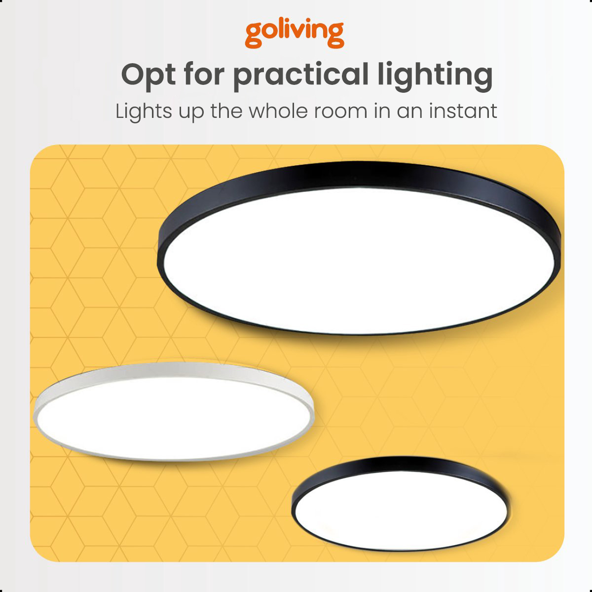 Three ceiling lights, round and white, black and white on yellow background, with text.
