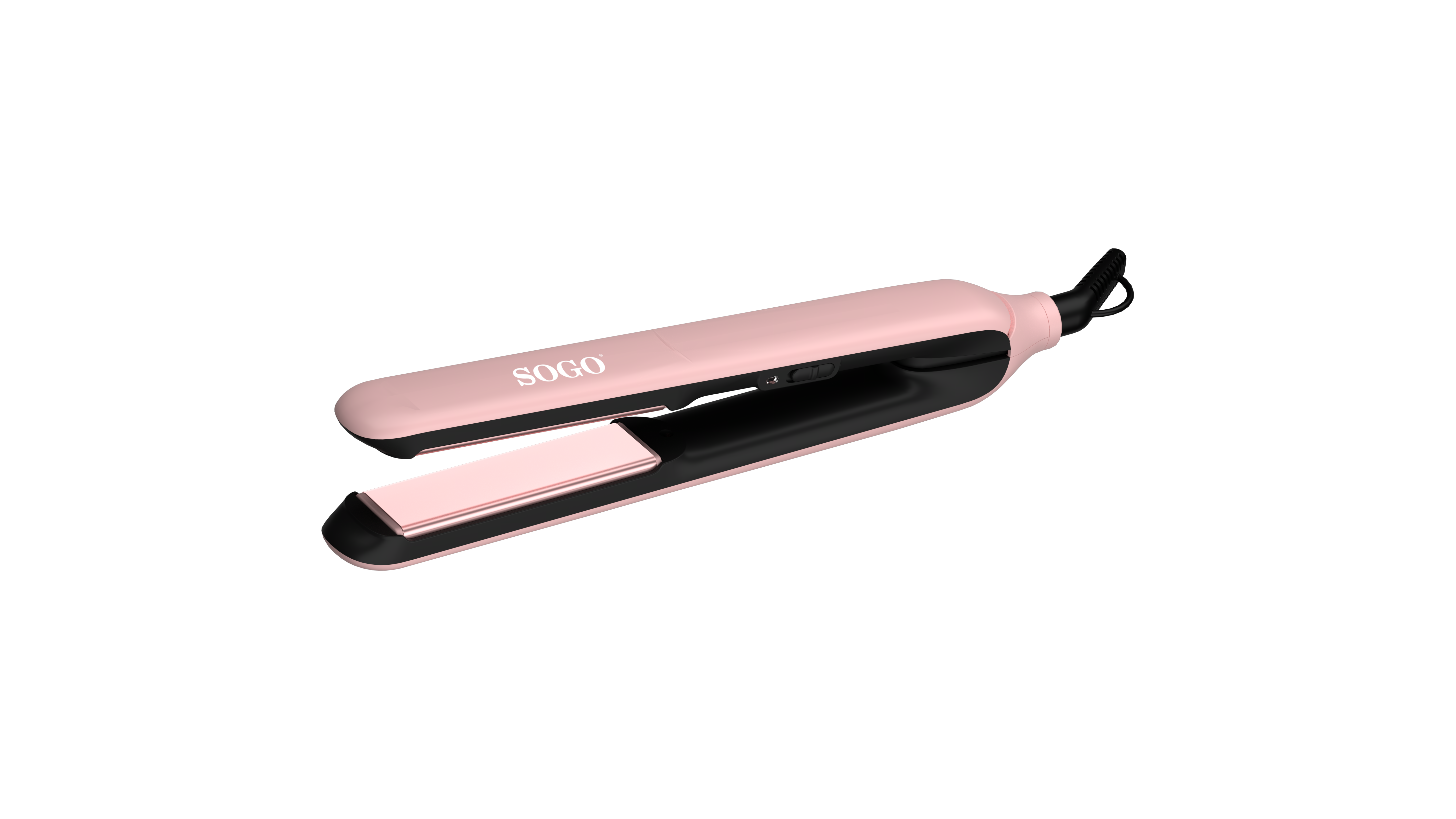 Piastra per capelli Sogo rosa, aperta, su sfondo nero.