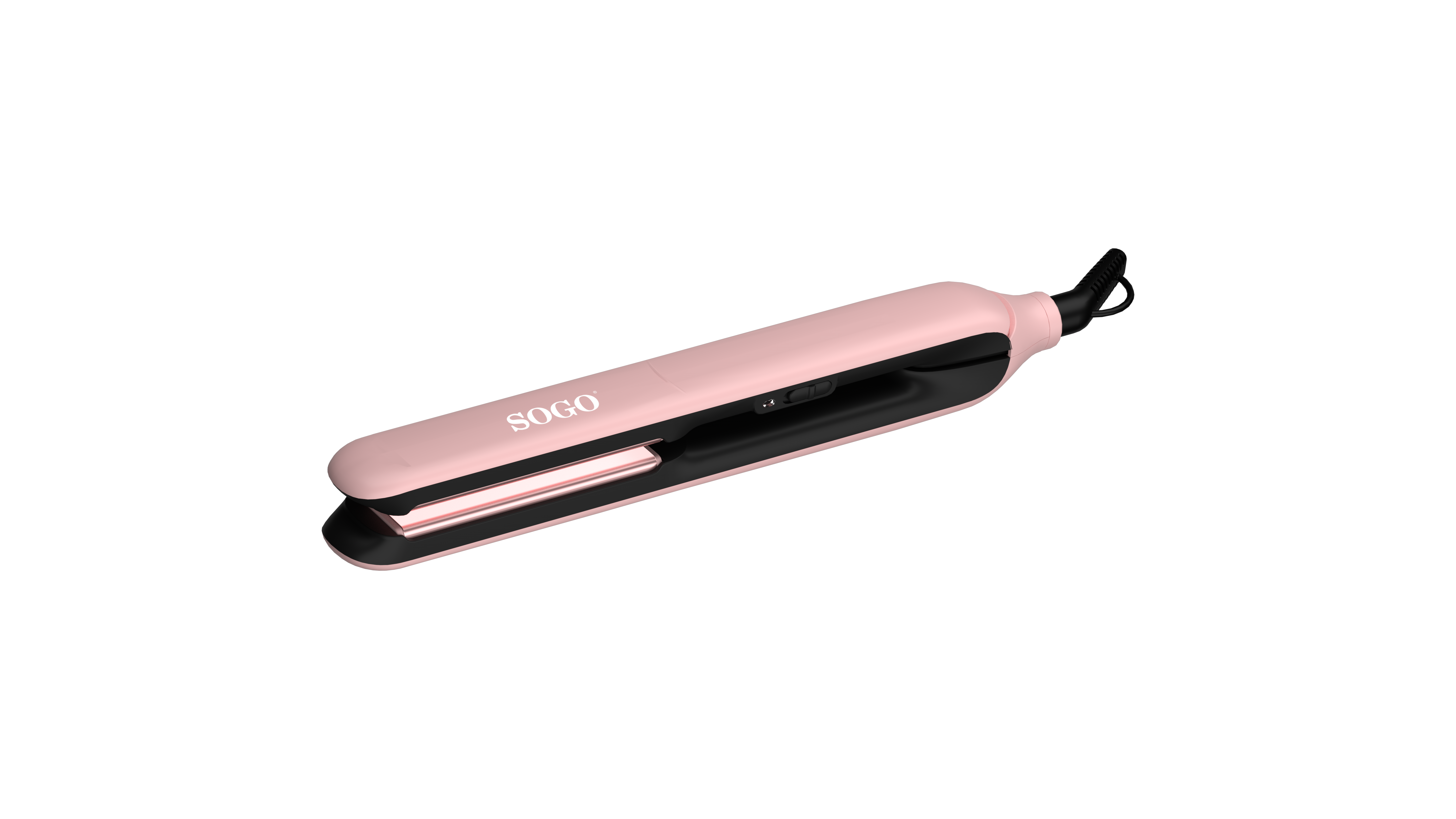 Piastra per capelli rosa su sfondo nero, mostra il logo Sogo.