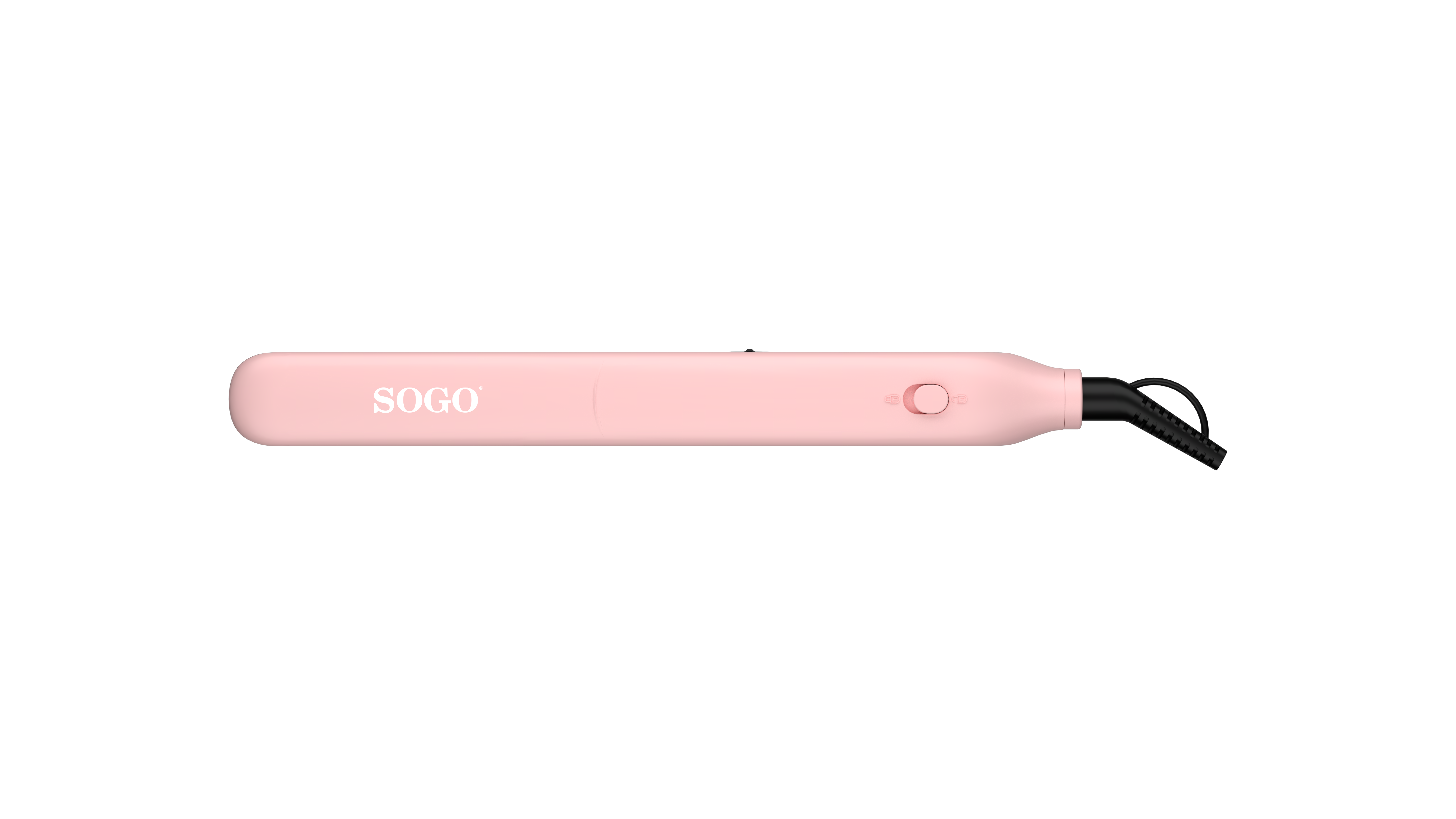 Piastra per capelli rosa SOGO, su sfondo nero. Pulsante di accensione/spegnimento visibile.