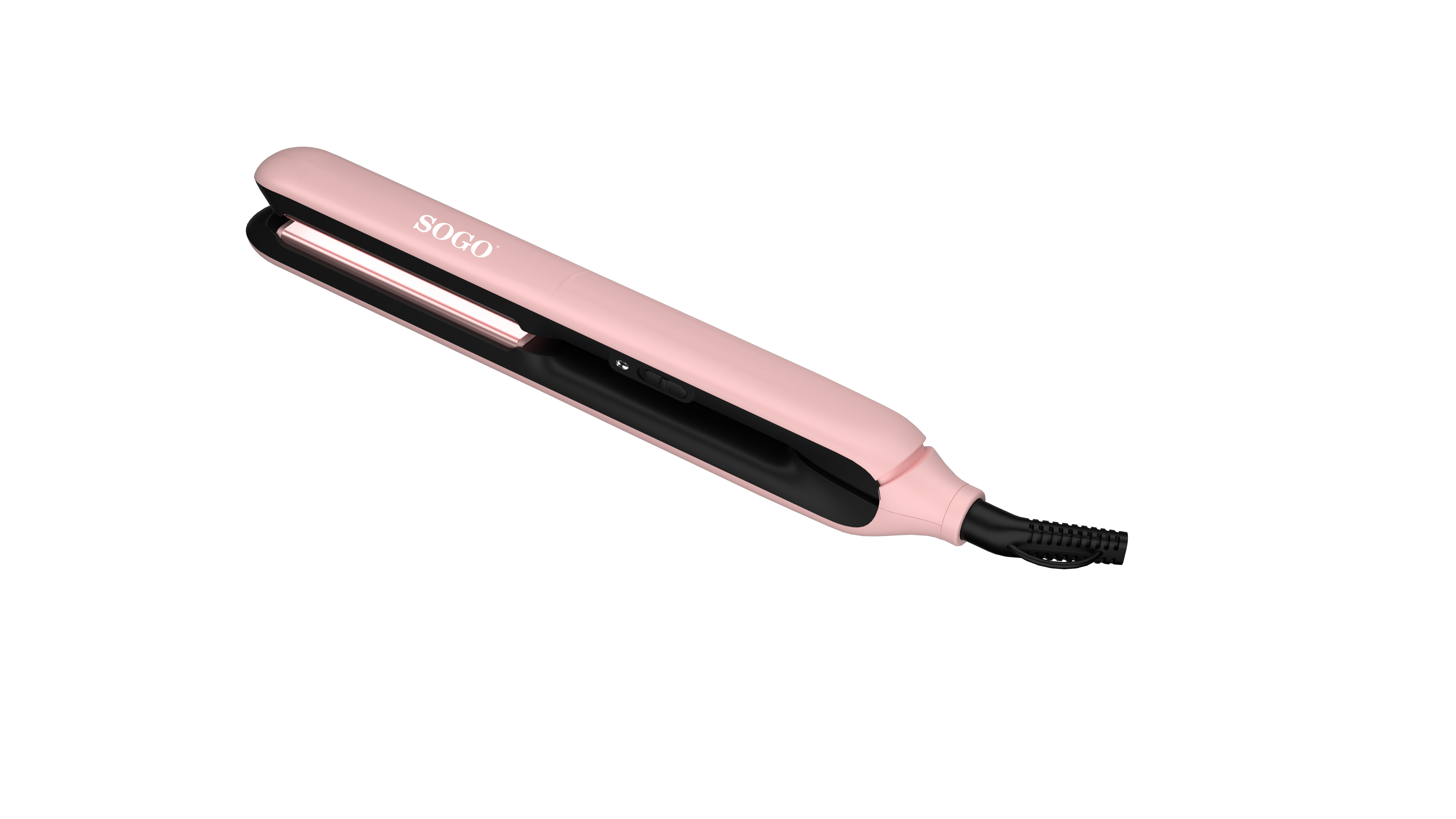 Piastra per capelli rosa su sfondo nero. La parola 'SOGO' è stampata sulla piastra.