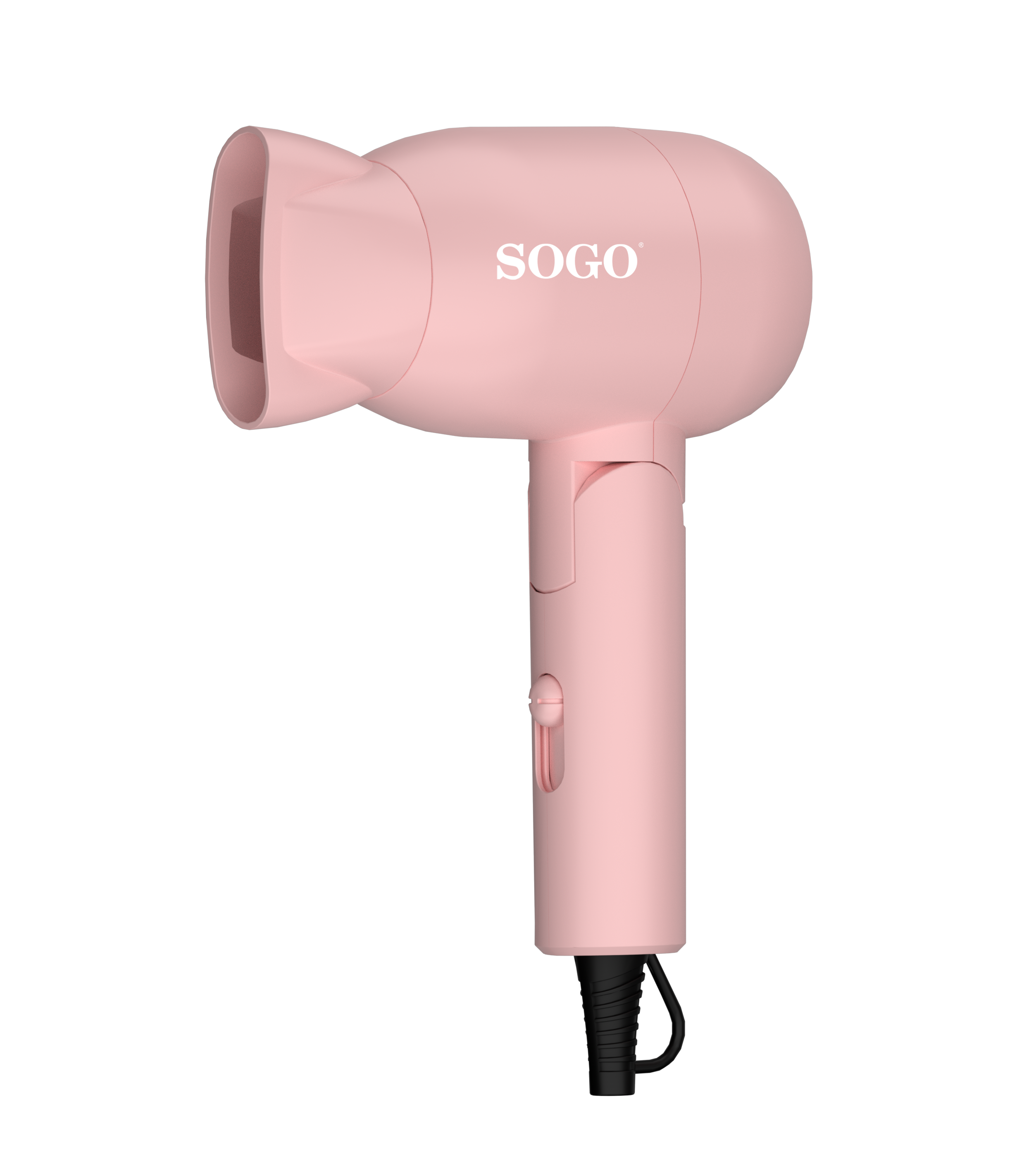 Asciugacapelli rosa su sfondo nero. Il marchio SOGO è stampato sull'asciugacapelli.