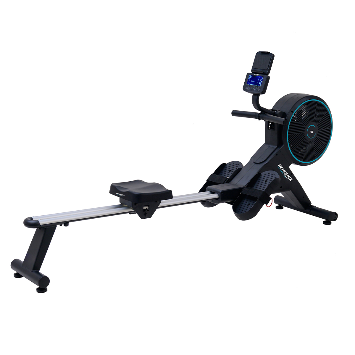 Máquina de remo negra y verde azulado. Cuerpo negro, ventilador verde azulado, fondo blanco.