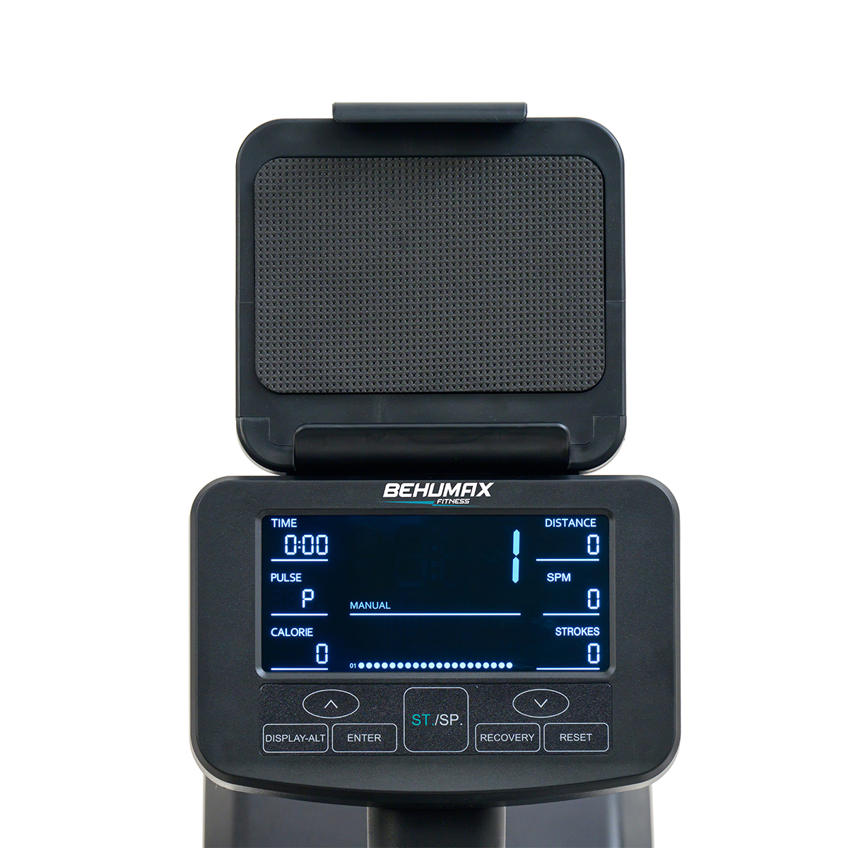 Consola de máquina de fitness negra con pantalla. Muestra tiempo, pulso, calorías y más.
