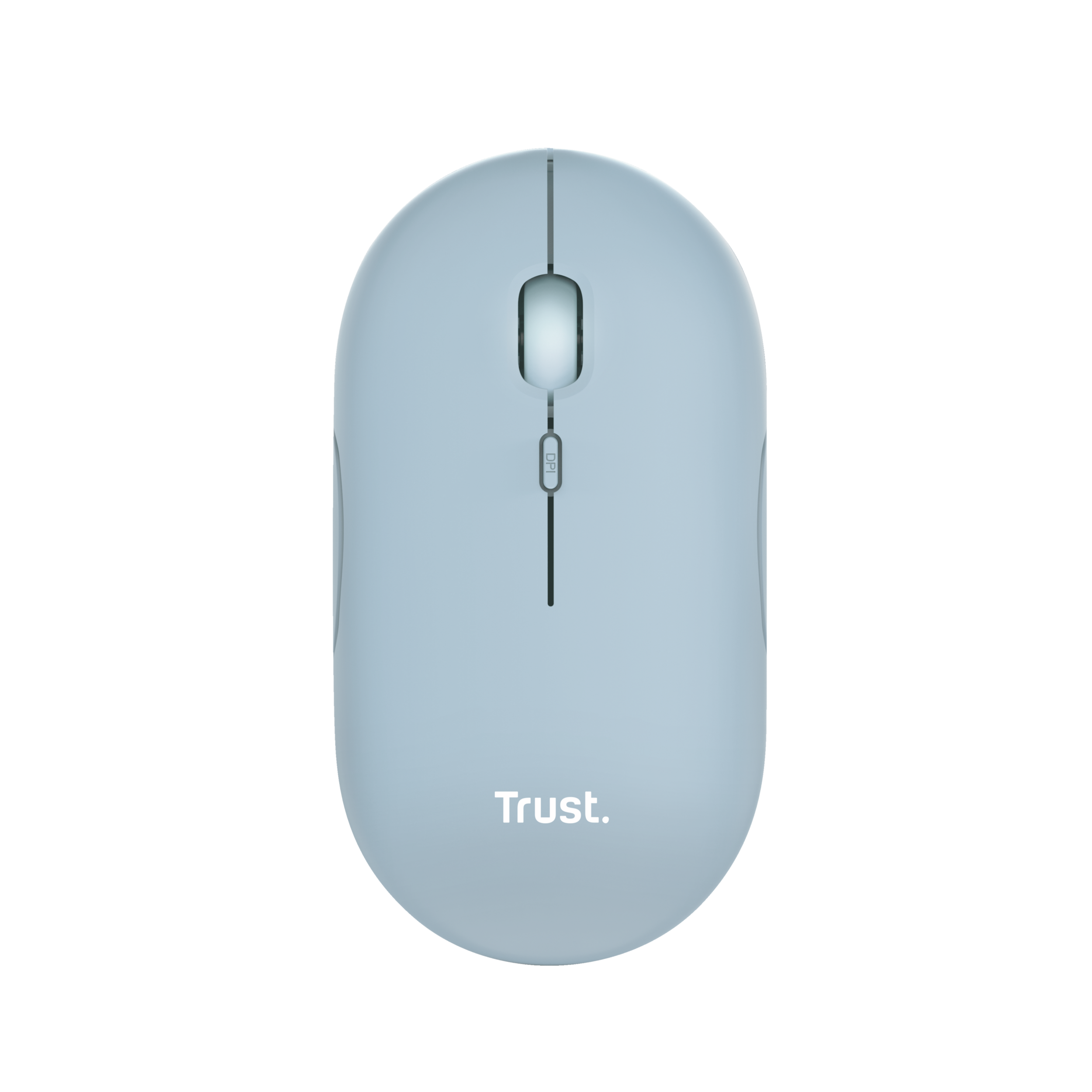 Jasnoniebieska mysz komputerowa na czarnym tle. Mysz ma kółko przewijania.