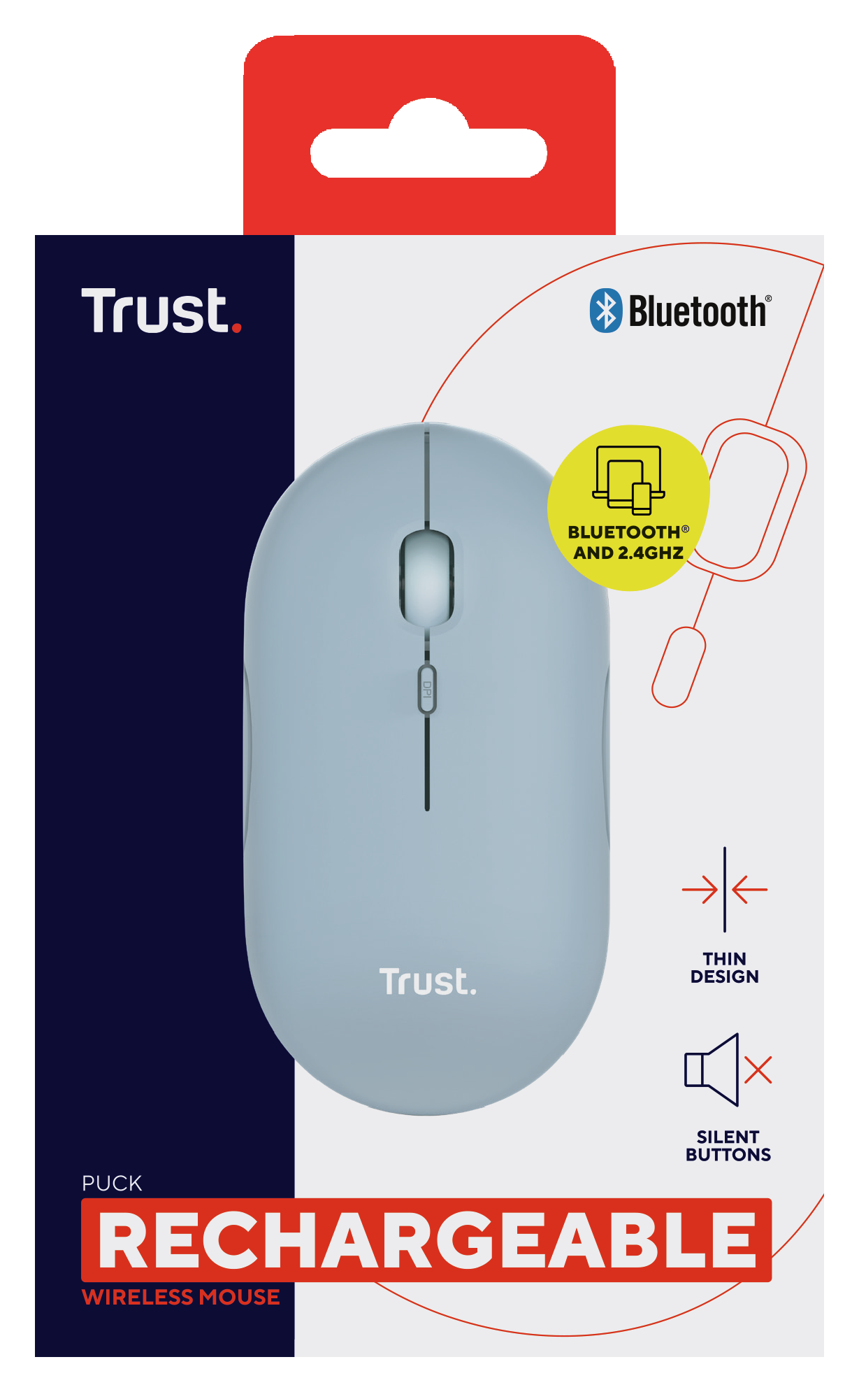Niebieska i biała mysz bezprzewodowa w pudełku. Ma symbole Bluetooth i 2,4 GHz.