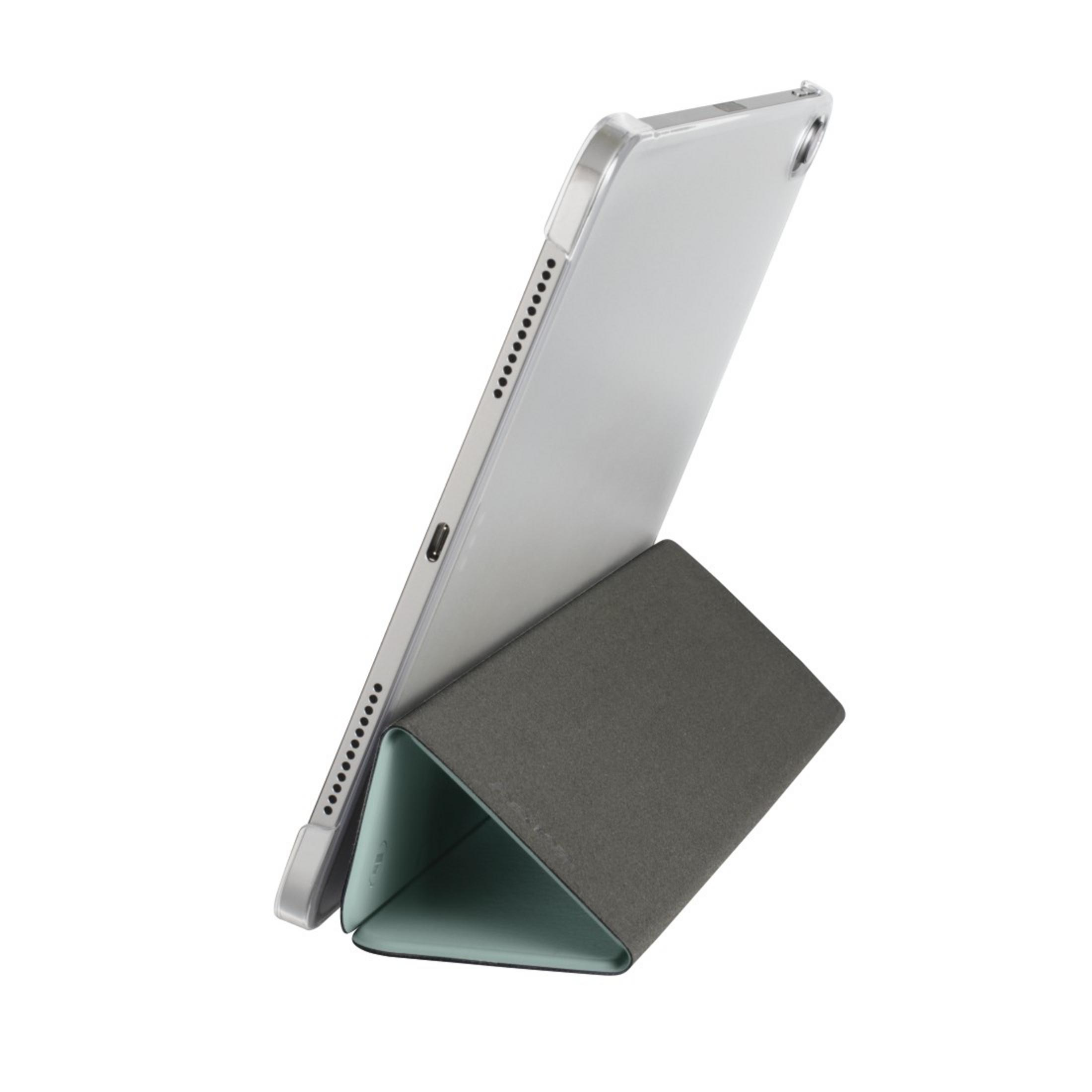 Tablet, gestützt von grau-türkisfarbenem Gehäuse, vor weißem Hintergrund.