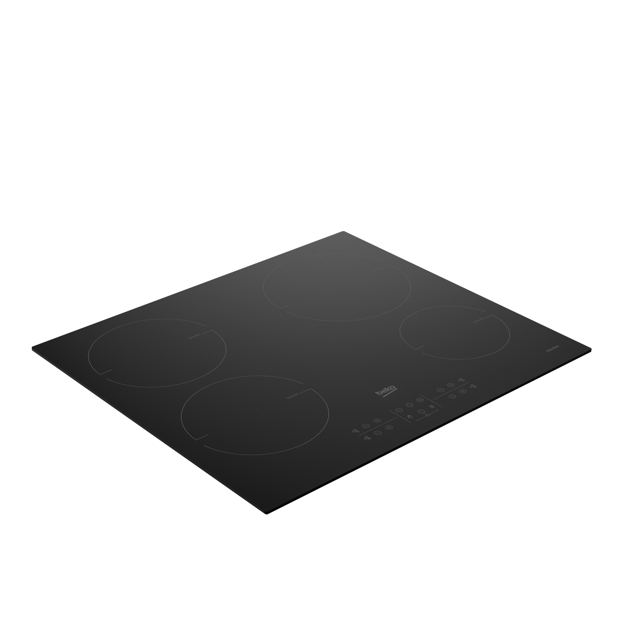 Piano cottura a induzione nero con quattro fuochi, pannello di controllo e sfondo bianco.