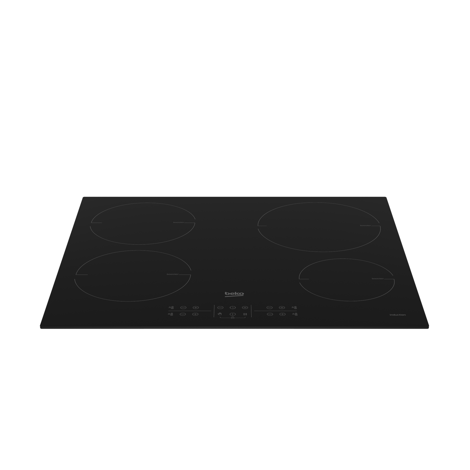Piano cottura a induzione Beko nero con quattro zone cottura e pannello comandi.