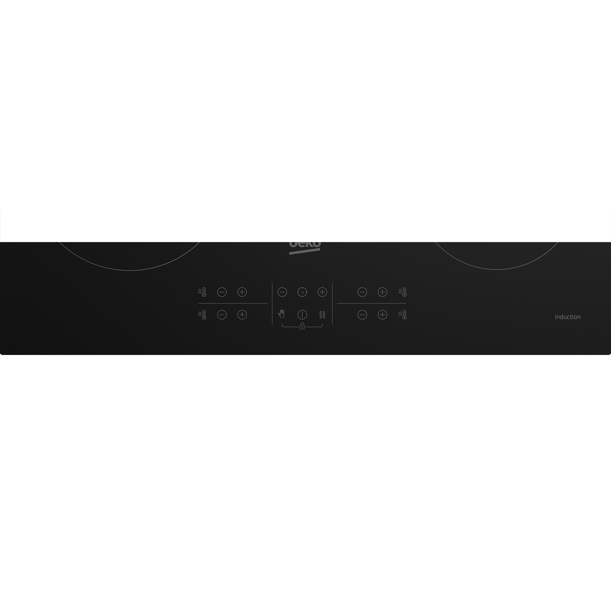 Zwarte inductiekookplaat met bedieningspaneel en Beko-logo op een witte achtergrond.