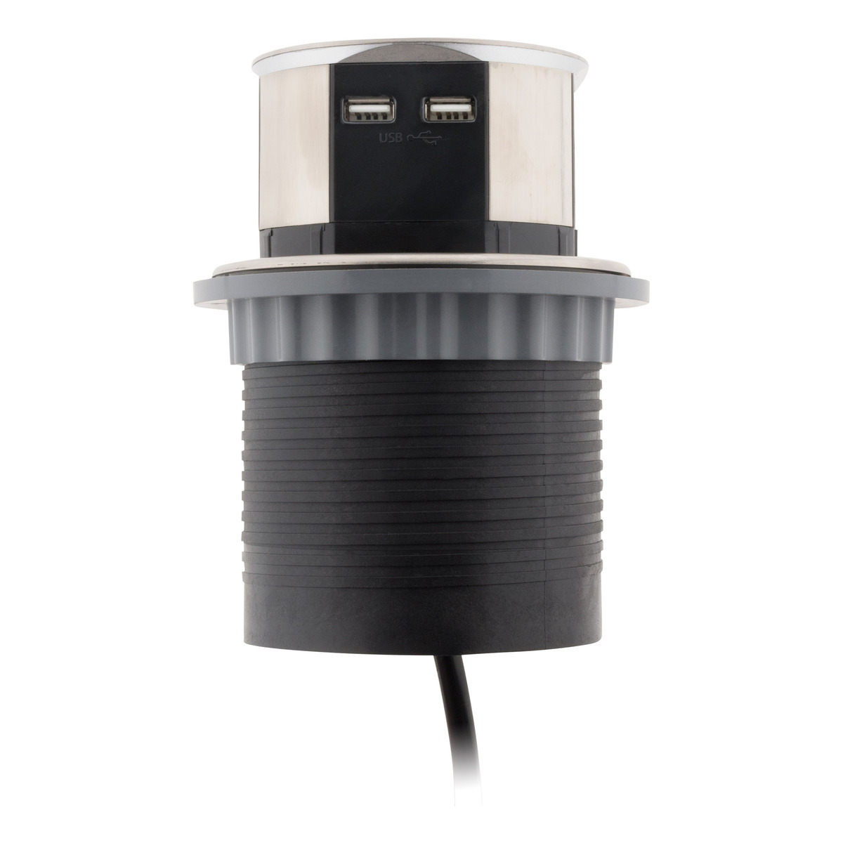 Toma USB emergente. Colores negro y plateado. Fondo blanco.